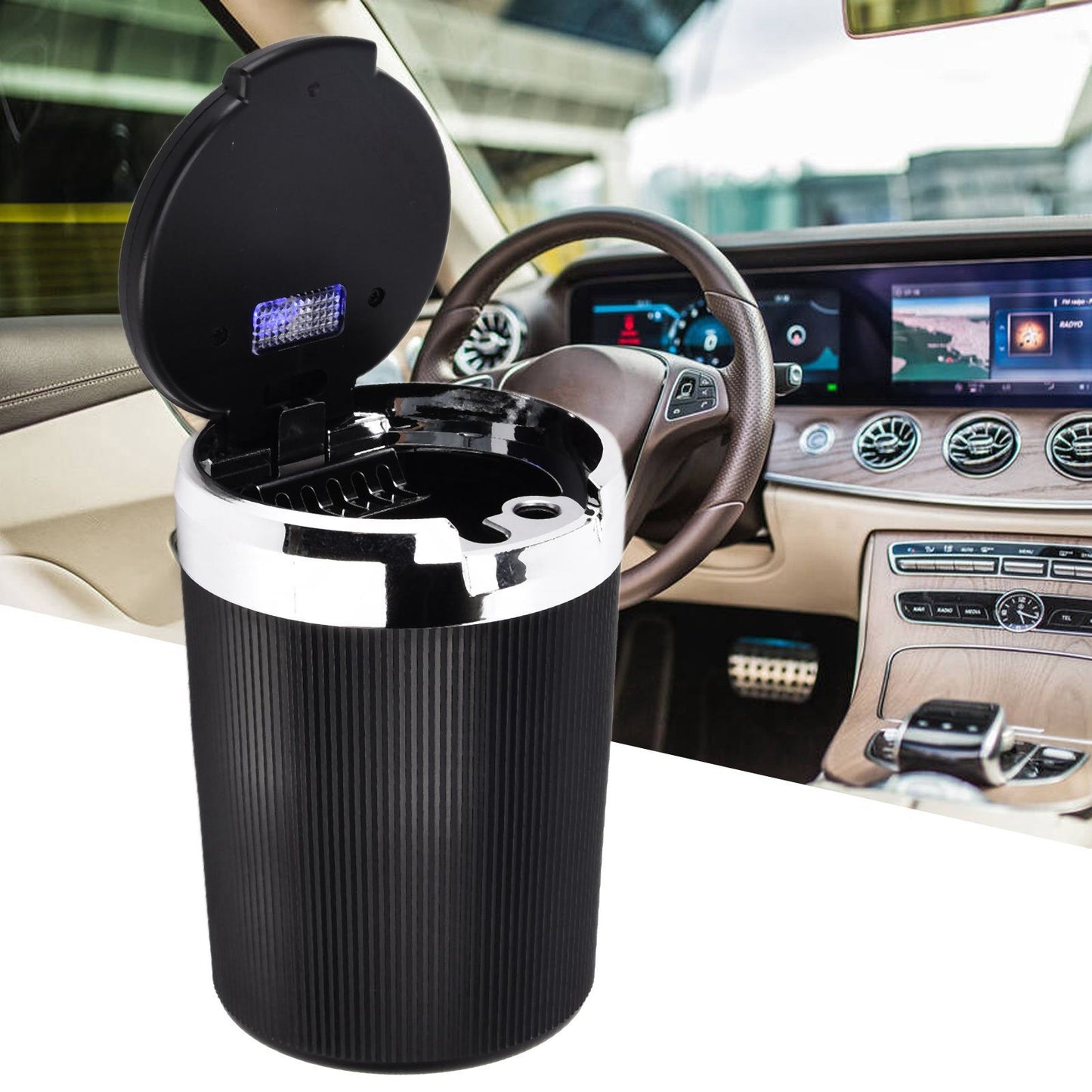 LED Car Ashtray with Lid 3W Portable Automobile Ashtray Car Cigarette Ashtray for Home OfficeSilver