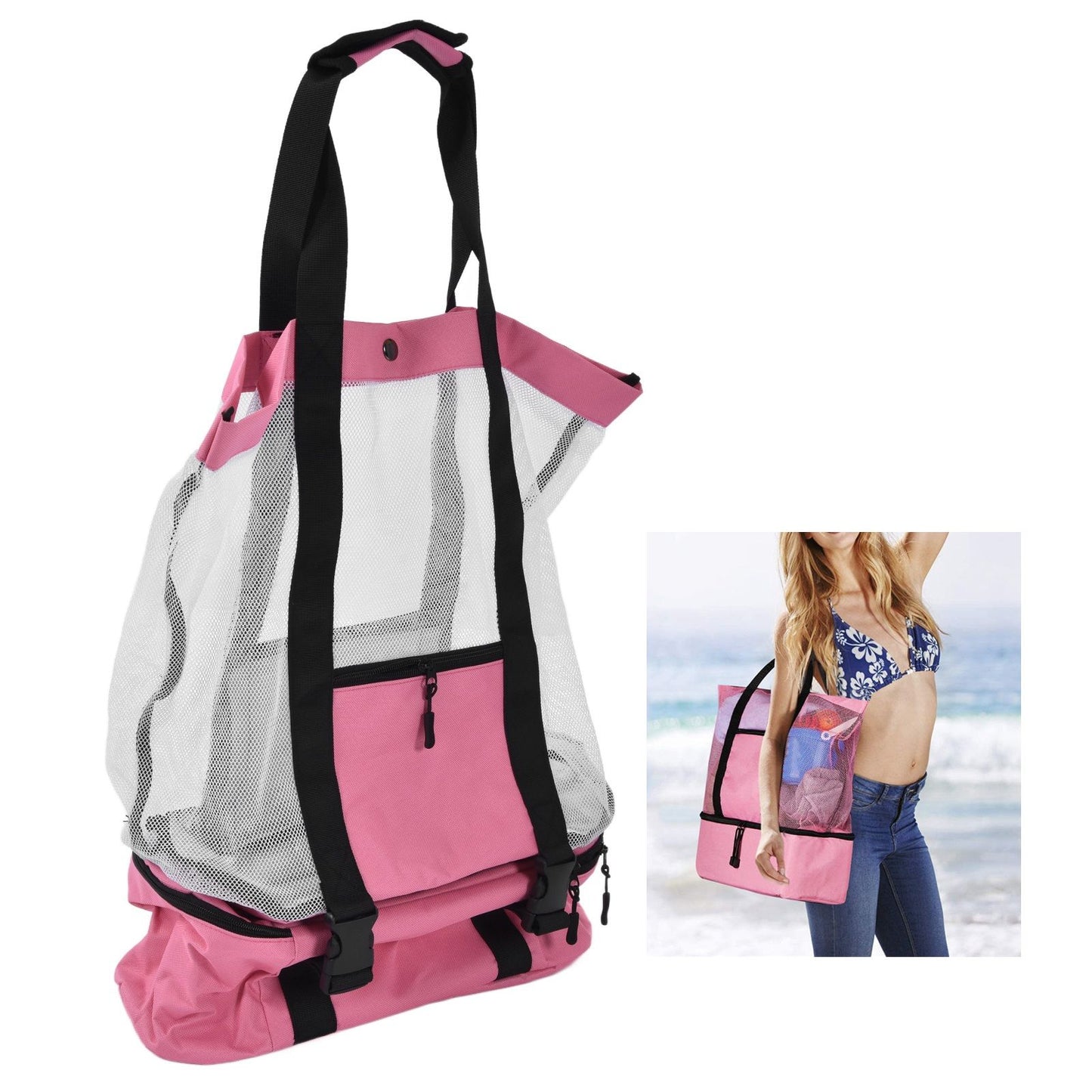 Beach Bags Mesh Cotton Oversized Storage Tote Bags for Beach Picnic Barbecue Camping Pink