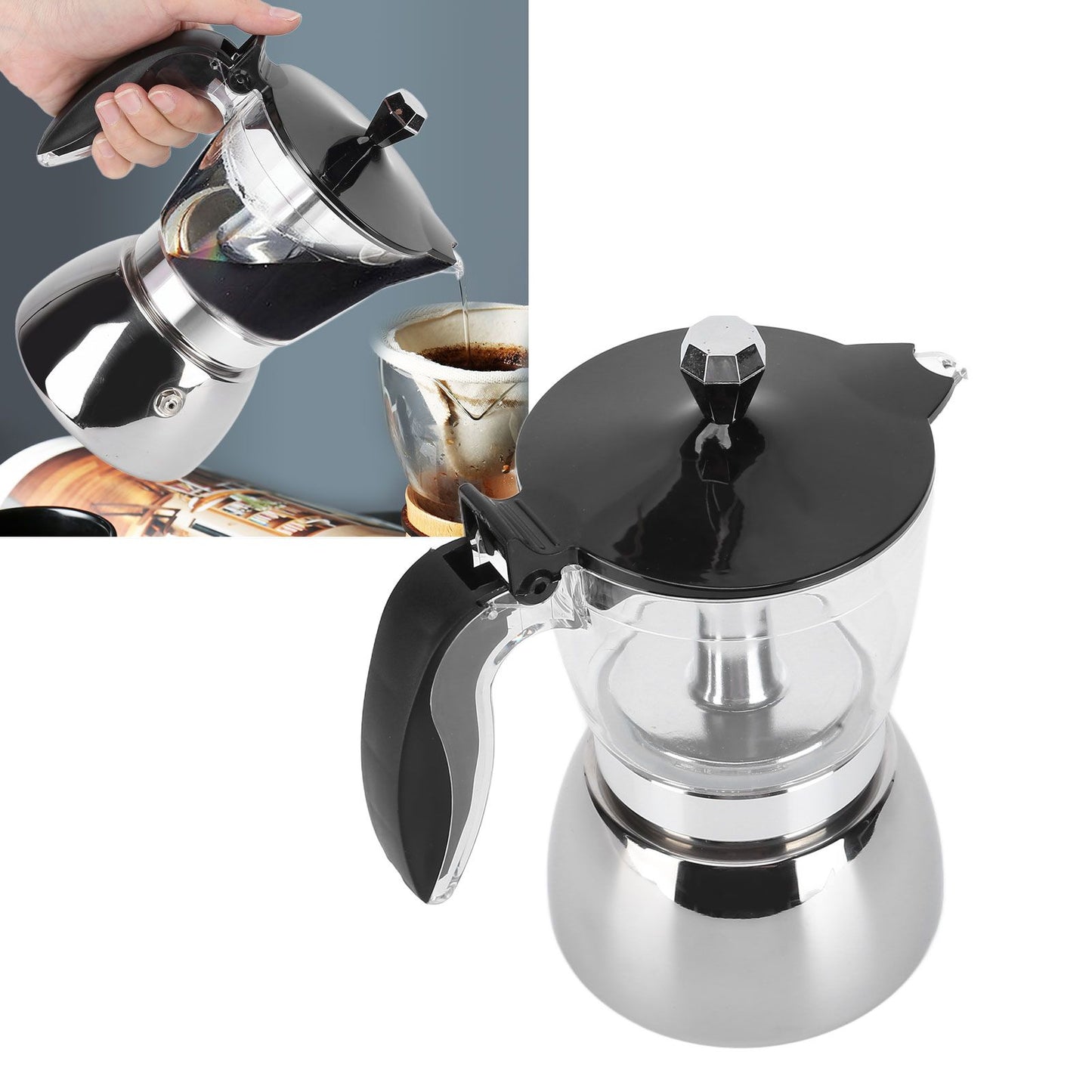 6 Cups Stainless Steel Coffee Pot Italian Octagonal Household Brewing Coffee Moka Pot