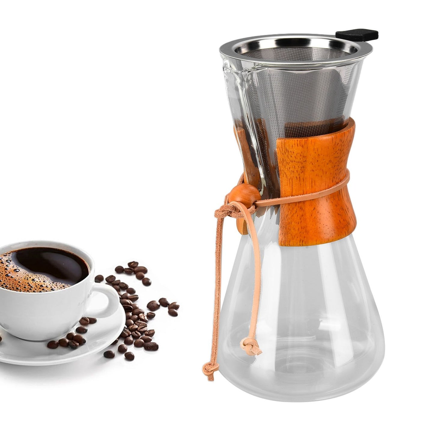 550ml Pour Over Coffee Dripper Bamboo Classic Heat Resistant Glass Coffee Maker for Home Office Coffee Shop