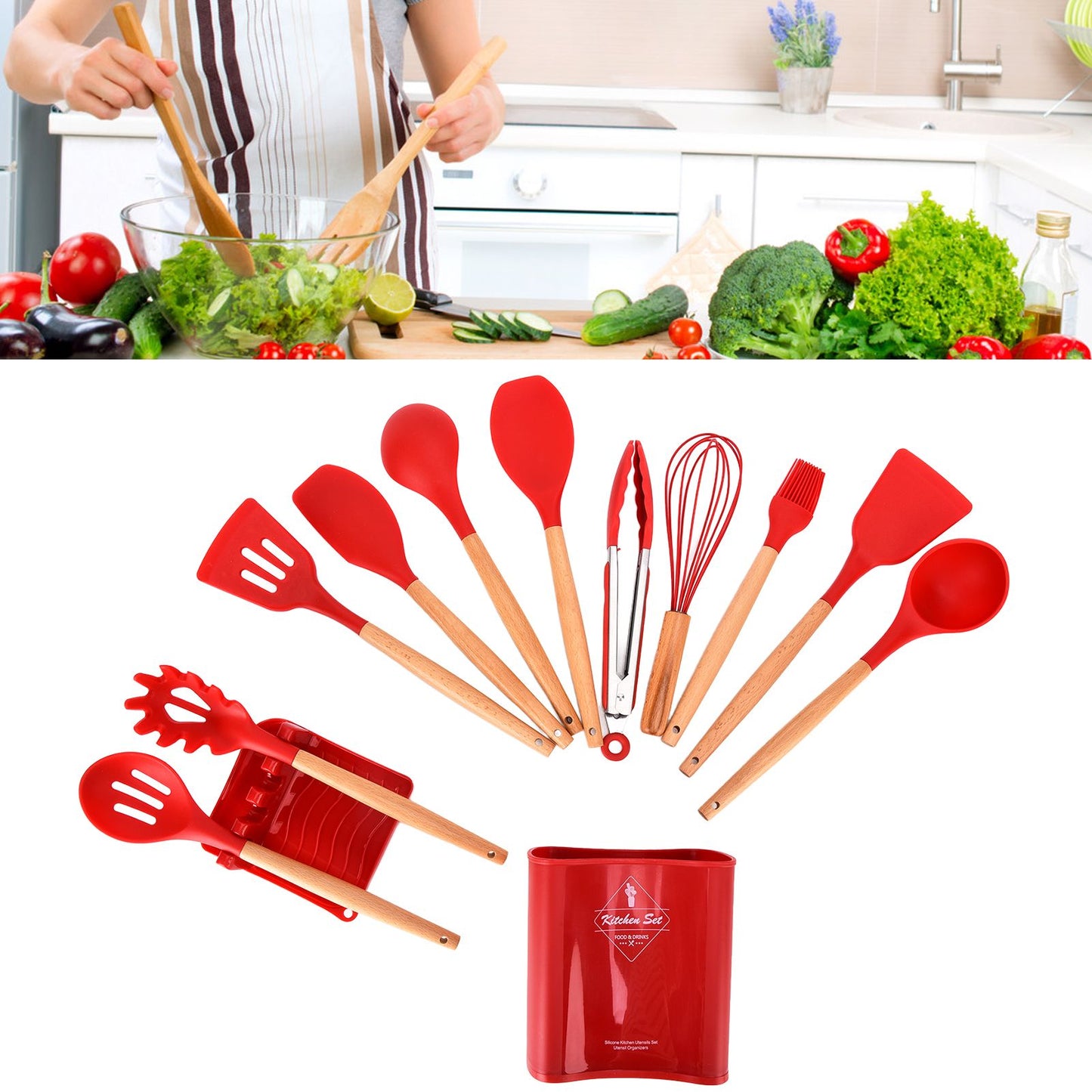 13Pcs Silicone Cooking Utensils Set Non Stick Spatula Shovel Wooden Handle Cooking Tools Set Kitchen Supplies Red