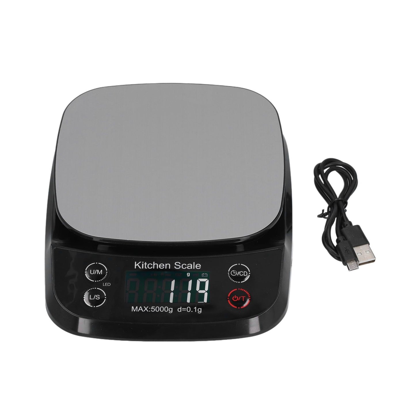 Kitchen Digital Scale Household Stainless Steel Rechargeable Baking Scale for Weighing Food Black5kg/0.1g