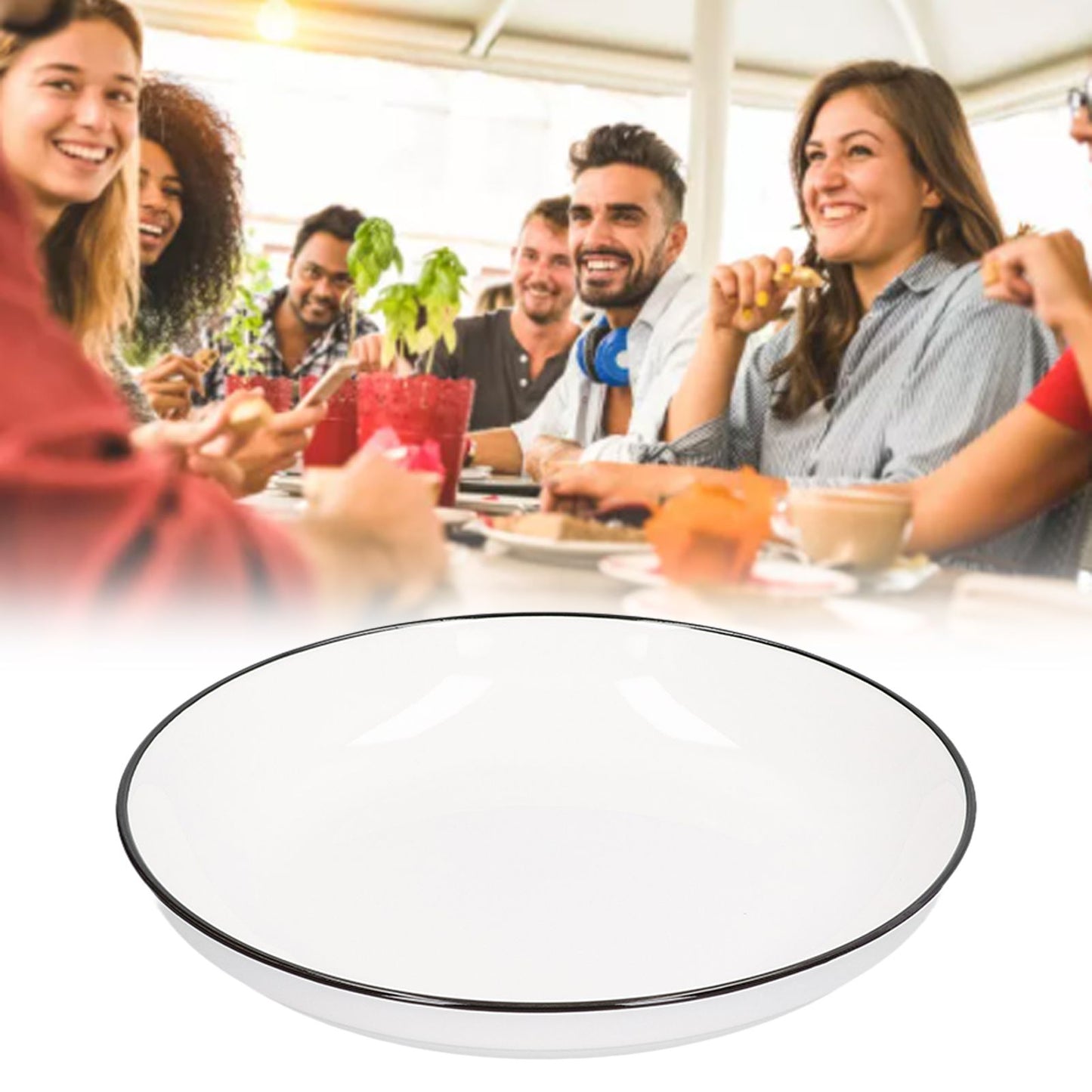 4Pcs Ceramic Dinner Plates Set Black Line Tableware 8 Inch Round Plate for Salads Steak Plate