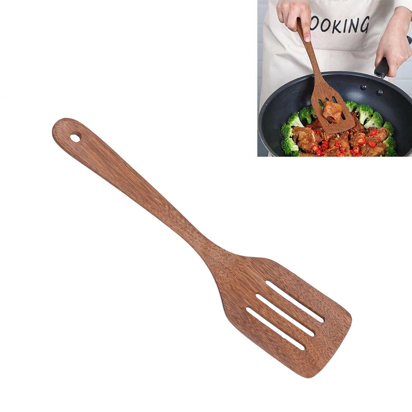 Natural Wood Long Handle Spatula Frying Spatula Round Hole Wall Mounted Kitchen UtensilLeak Spatula