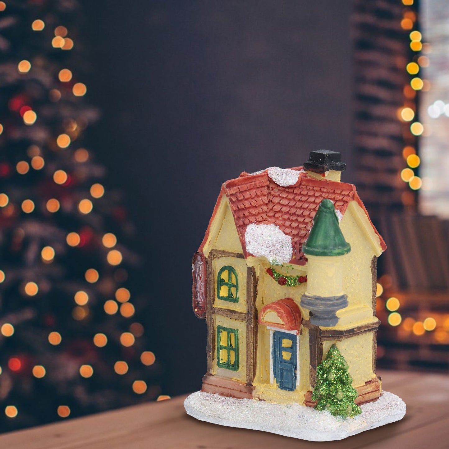 Christmas Resin House Christmas Scene Village Houses With LED Warm Light Battery Operate