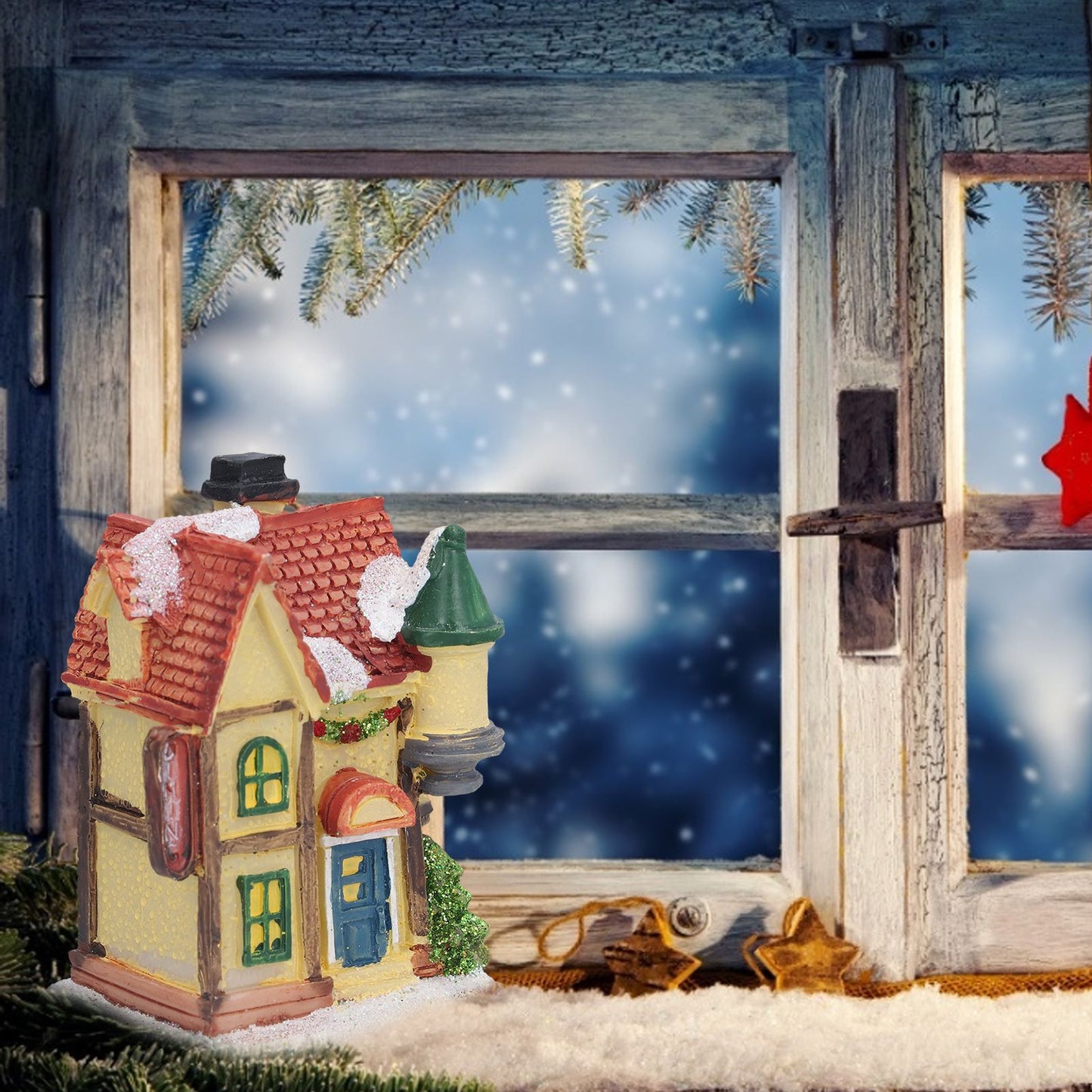 Christmas Resin House Christmas Scene Village Houses With LED Warm Light Battery Operate