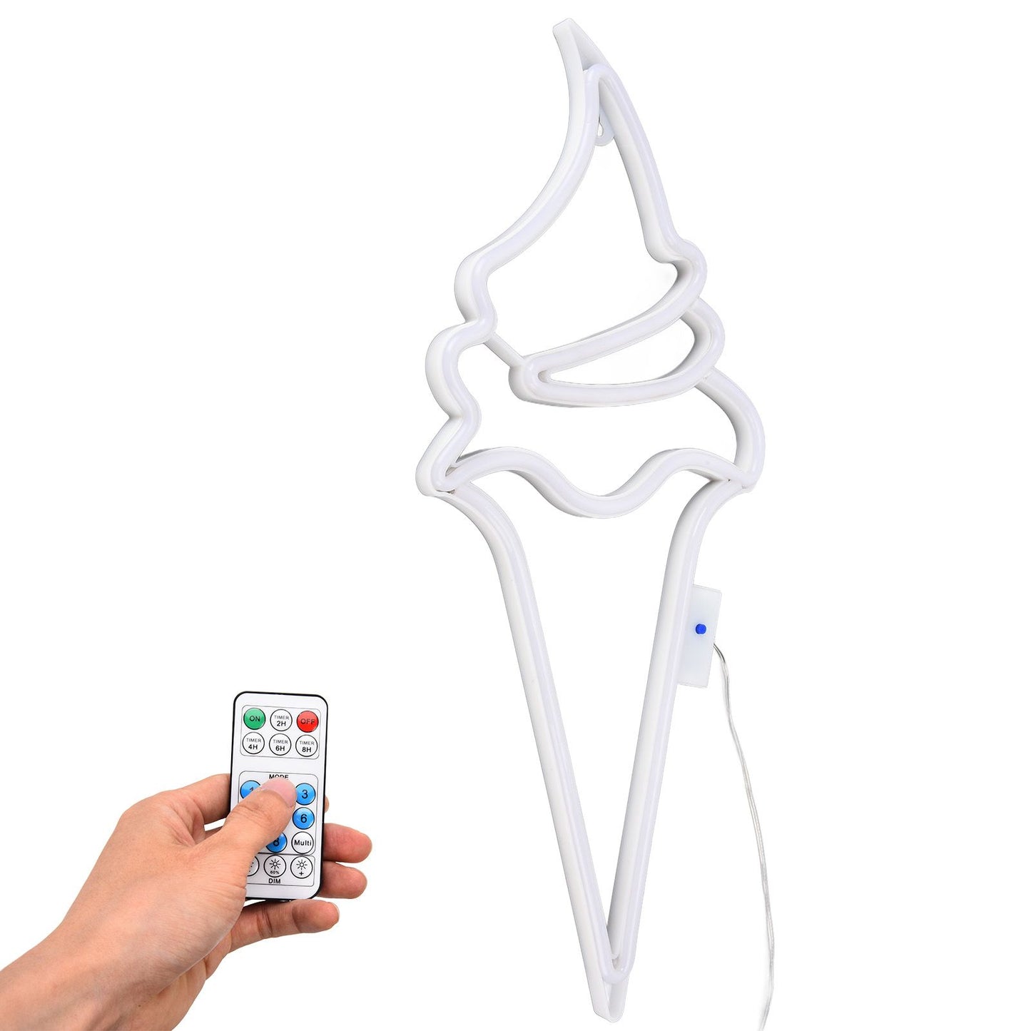 LED Neon Light Ice Cream Waterproof Battery USB Powered Hangable Decorative Remote Control Neon Sign for Home Party(White Blue )