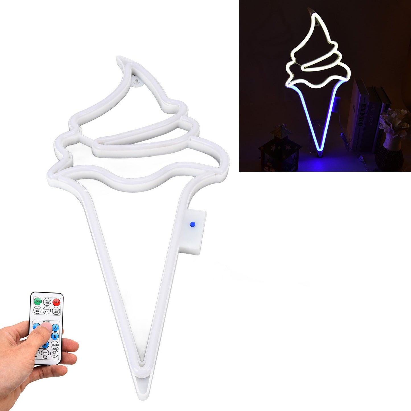 LED Neon Light Ice Cream Waterproof Battery USB Powered Hangable Decorative Remote Control Neon Sign for Home Party(White Blue )