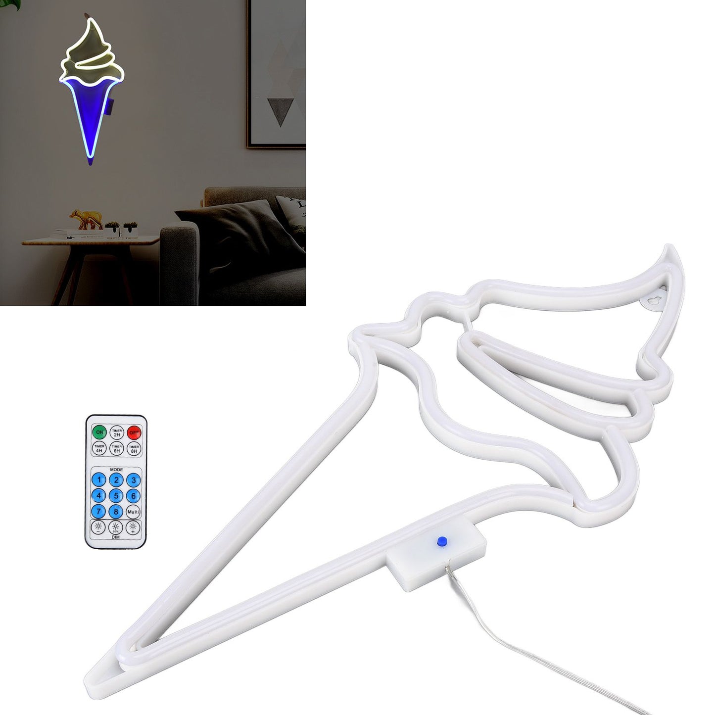 LED Neon Light Ice Cream Waterproof Battery USB Powered Hangable Decorative Remote Control Neon Sign for Home Party(White Blue )