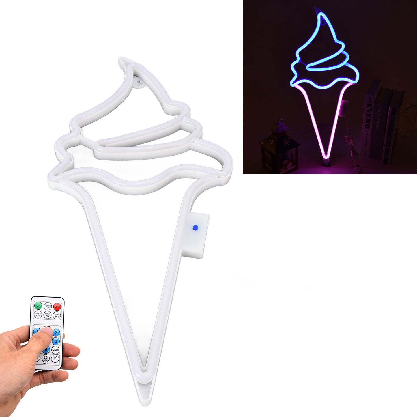 LED Neon Light Ice Cream Waterproof Battery USB Powered Hangable Decorative Remote Control Neon Sign for Home Party(Blue Pink )
