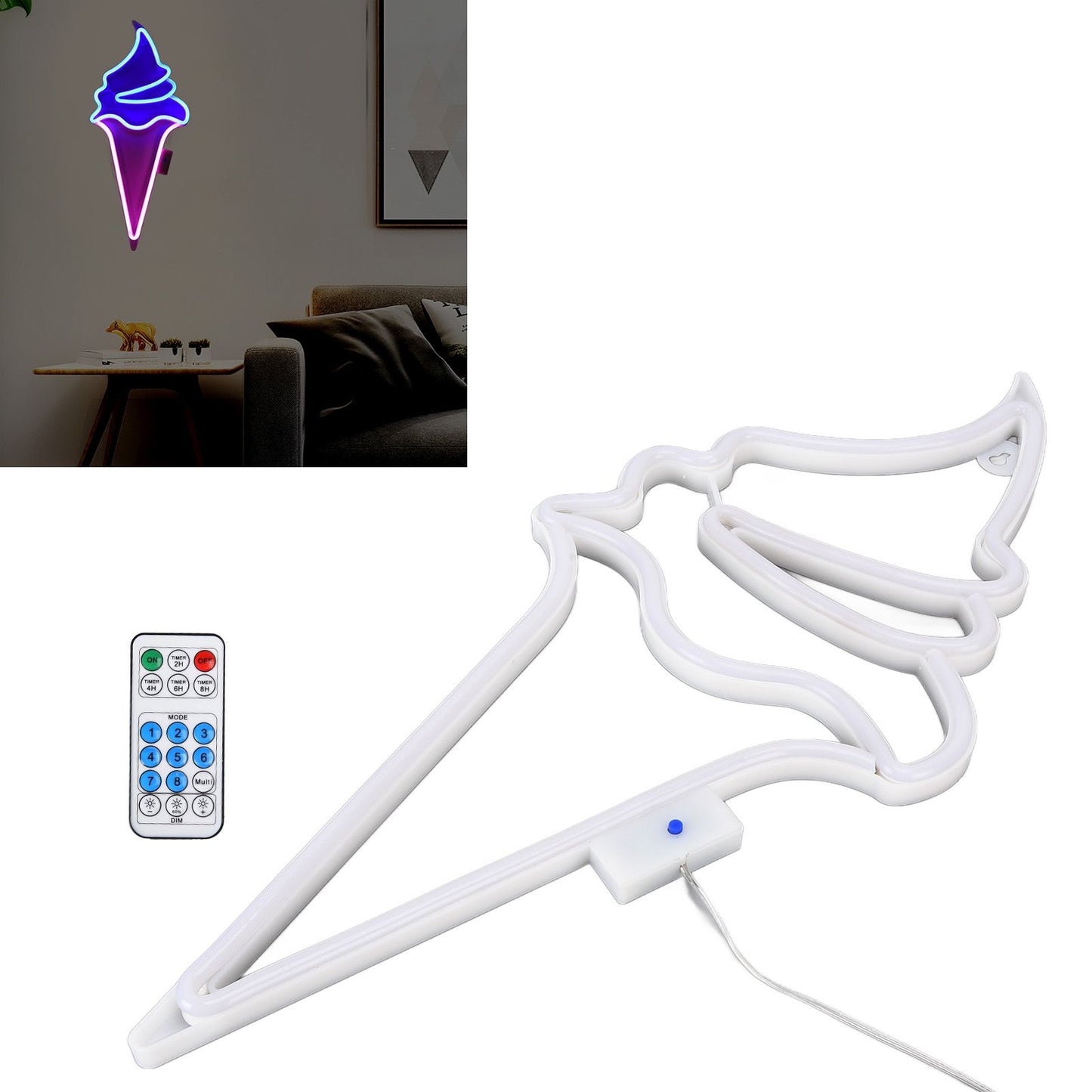 LED Neon Light Ice Cream Waterproof Battery USB Powered Hangable Decorative Remote Control Neon Sign for Home Party(Blue Pink )