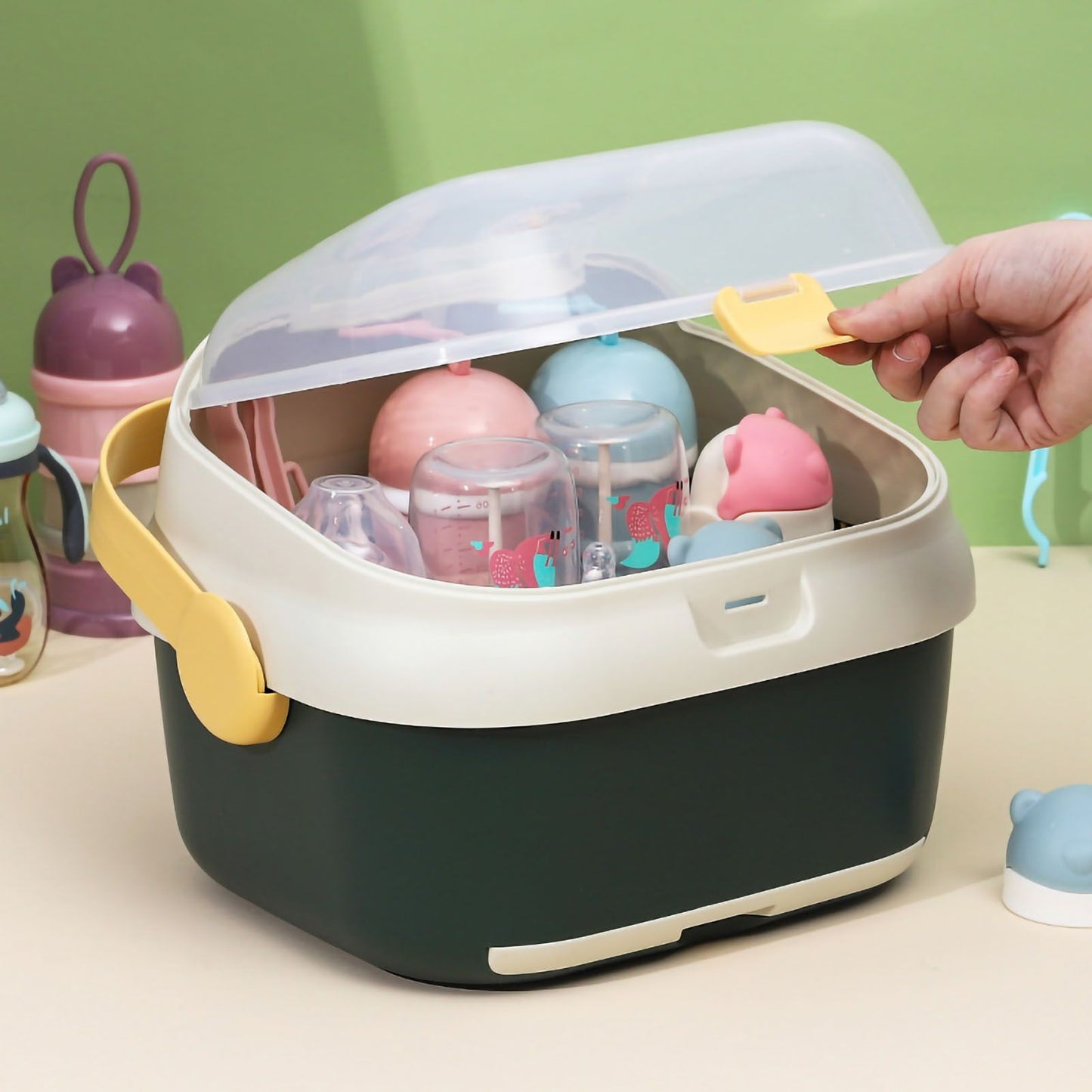 Baby Bottle Drying Rack Nursing Bottle Storage Box Container with Swivel Vent Dust Cover Drain Tray Detachable Holder Blue