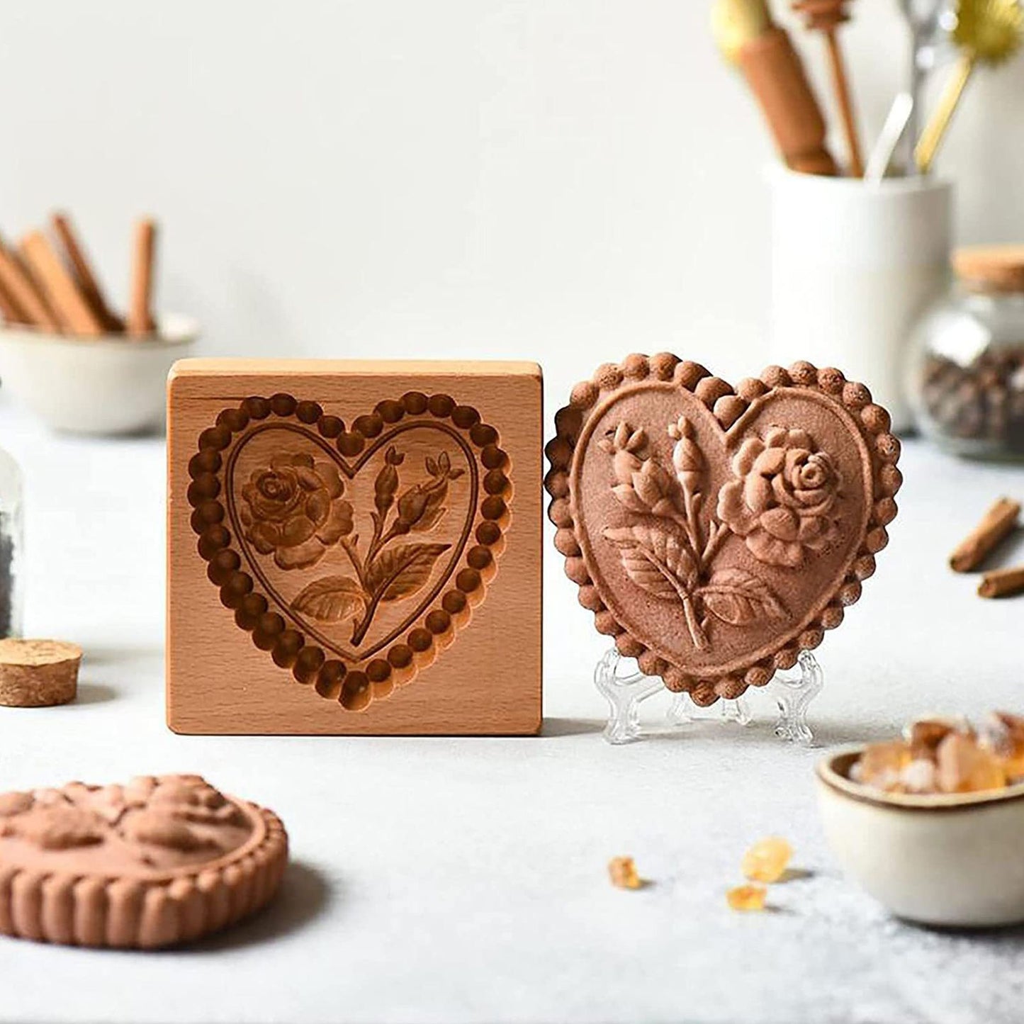 Wooden Cookie Cutter Baking Mold Carved Biscuit Cutter Embossing Mold Cookie Presses Stamps Gingerbread Cookie Mold for Cookies DIY Handmade Biscuits