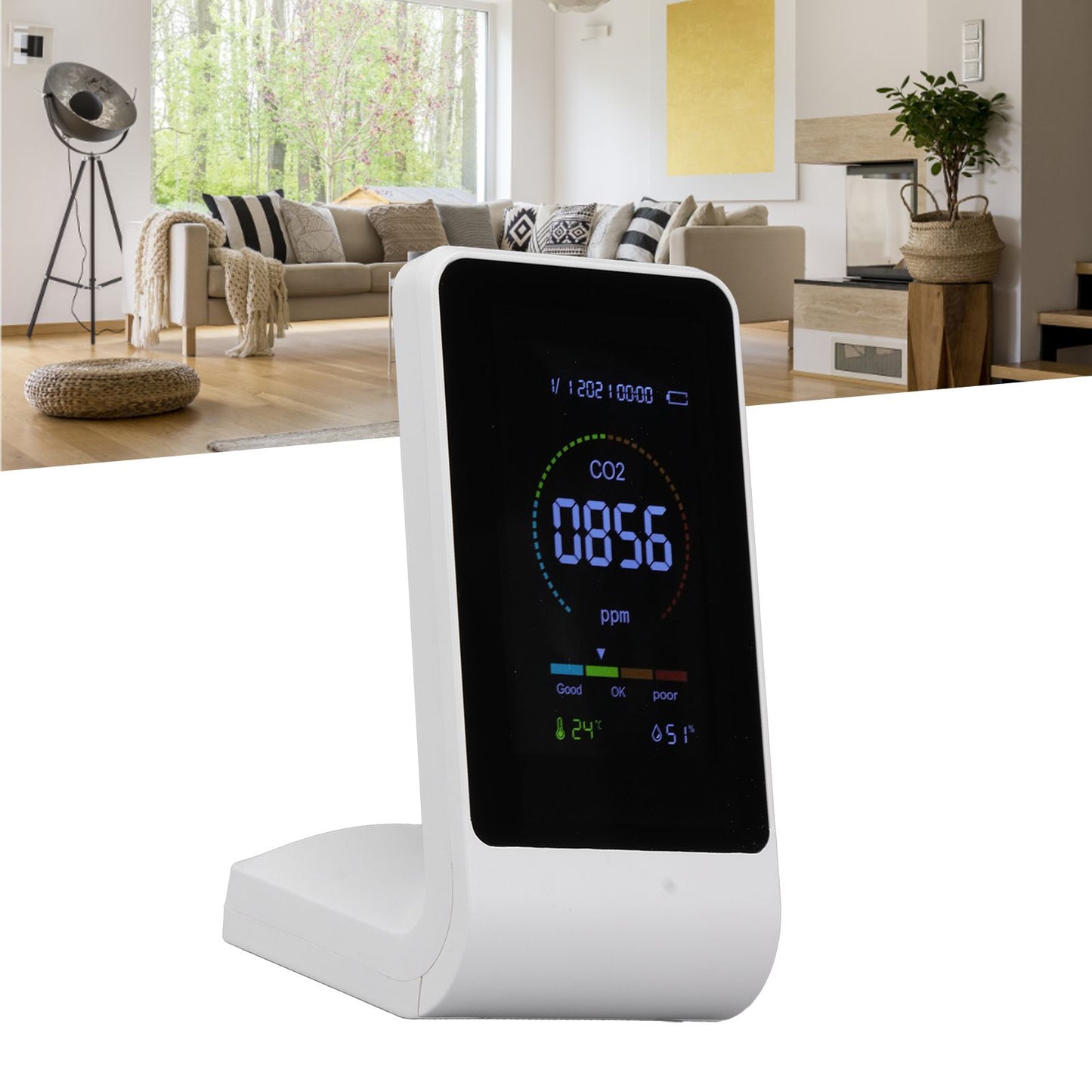 CO2 Monitor Carbon Dioxide Detect Indoor Air Quality Monitor Temperature Humidity Detection White
