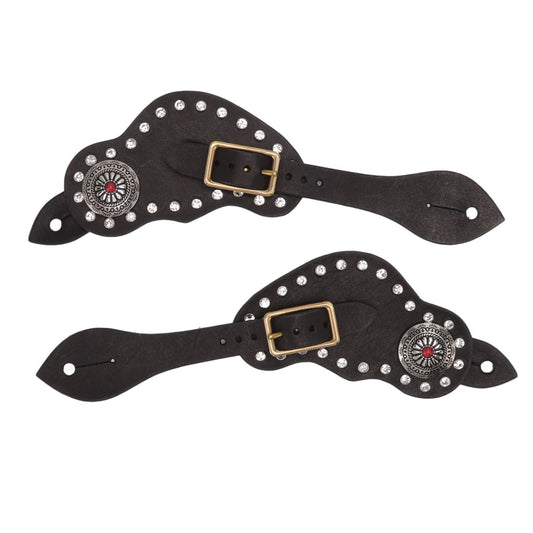 1Pair Spur Strap Leather Rhinestone Western Vintage Style Horse Riding Protective Equipment for Outdoor Black