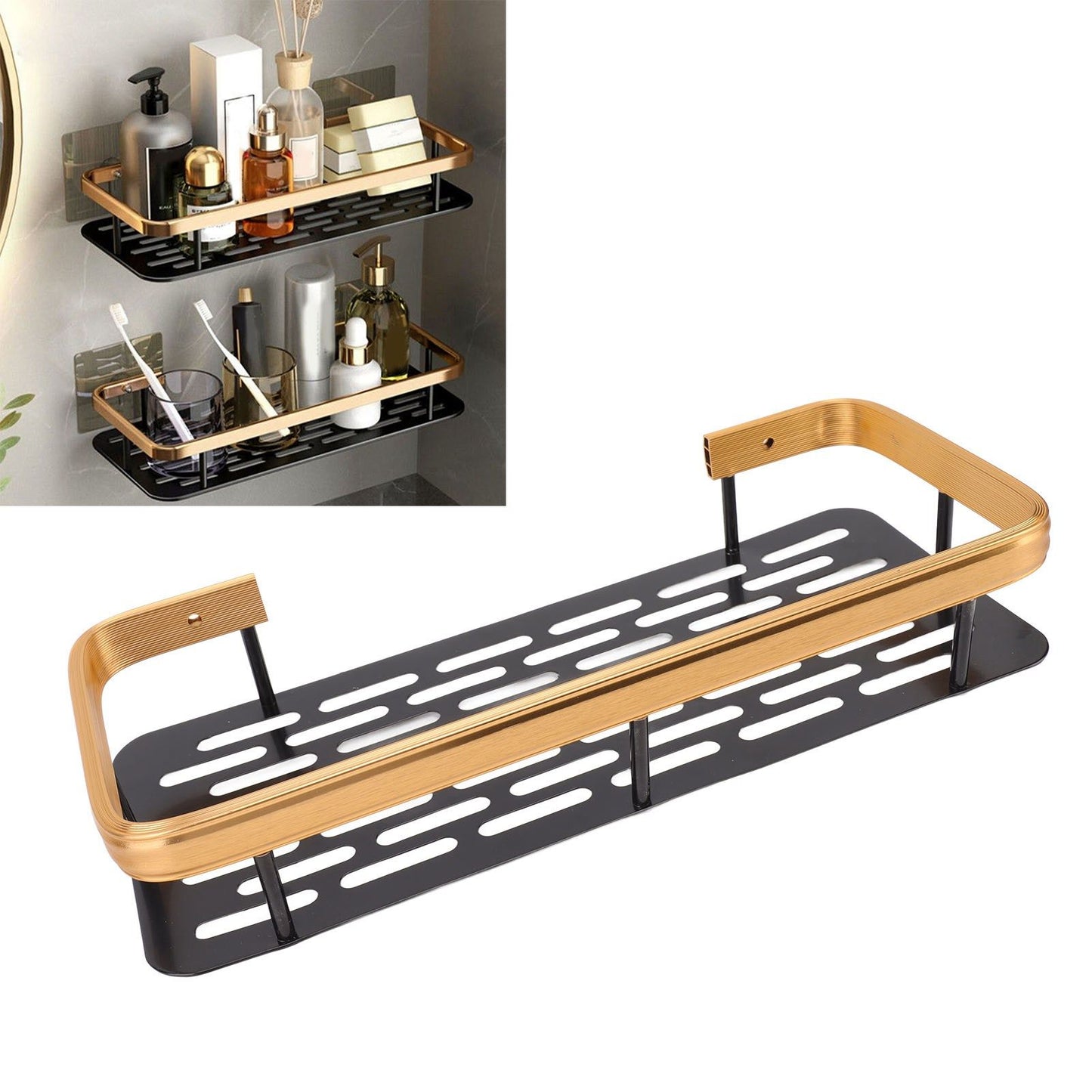 Shower Caddy Single Tier Durable Aluminium Rustproof Sticker Installation Shower Shelf for Bathroom Bedroom Kitchen Black Gold