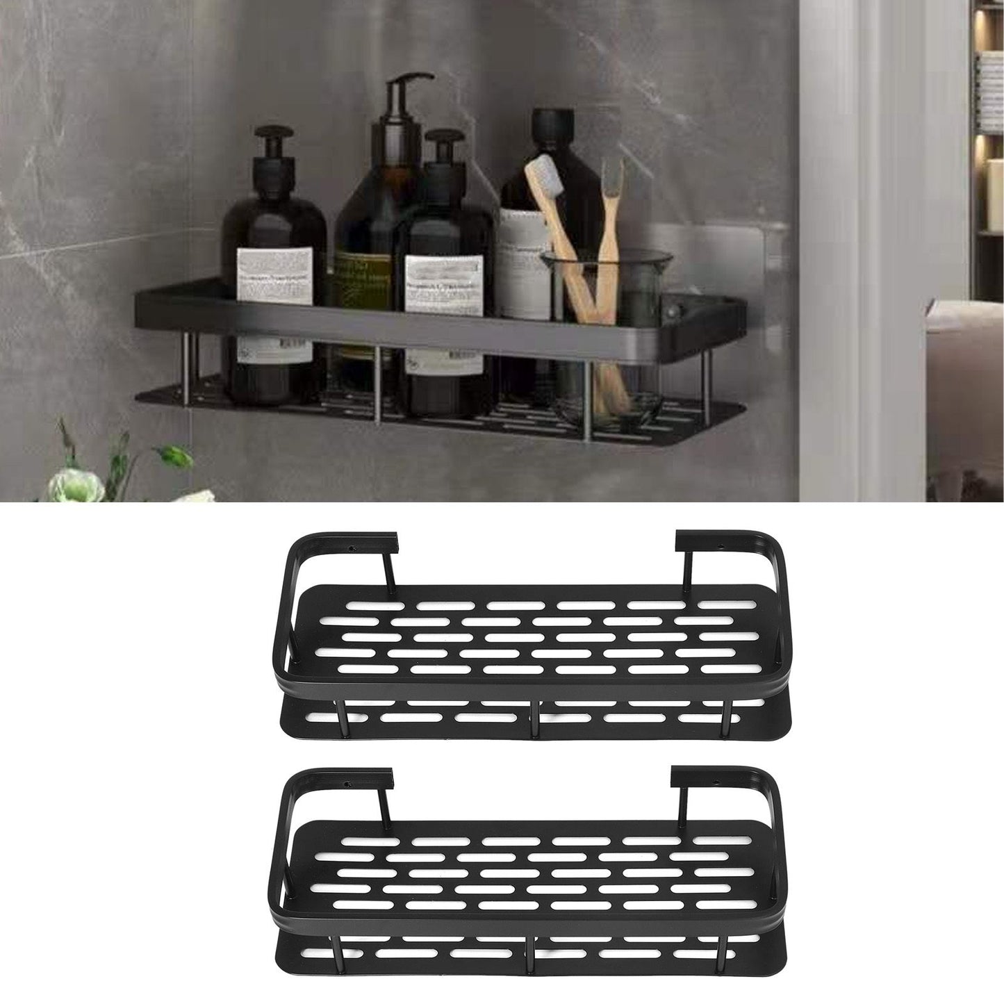 Shower Caddy Double Layer Rectangle Shape Space Saving Aluminum Punching Free Installation Bathroom Supplies for Home Black