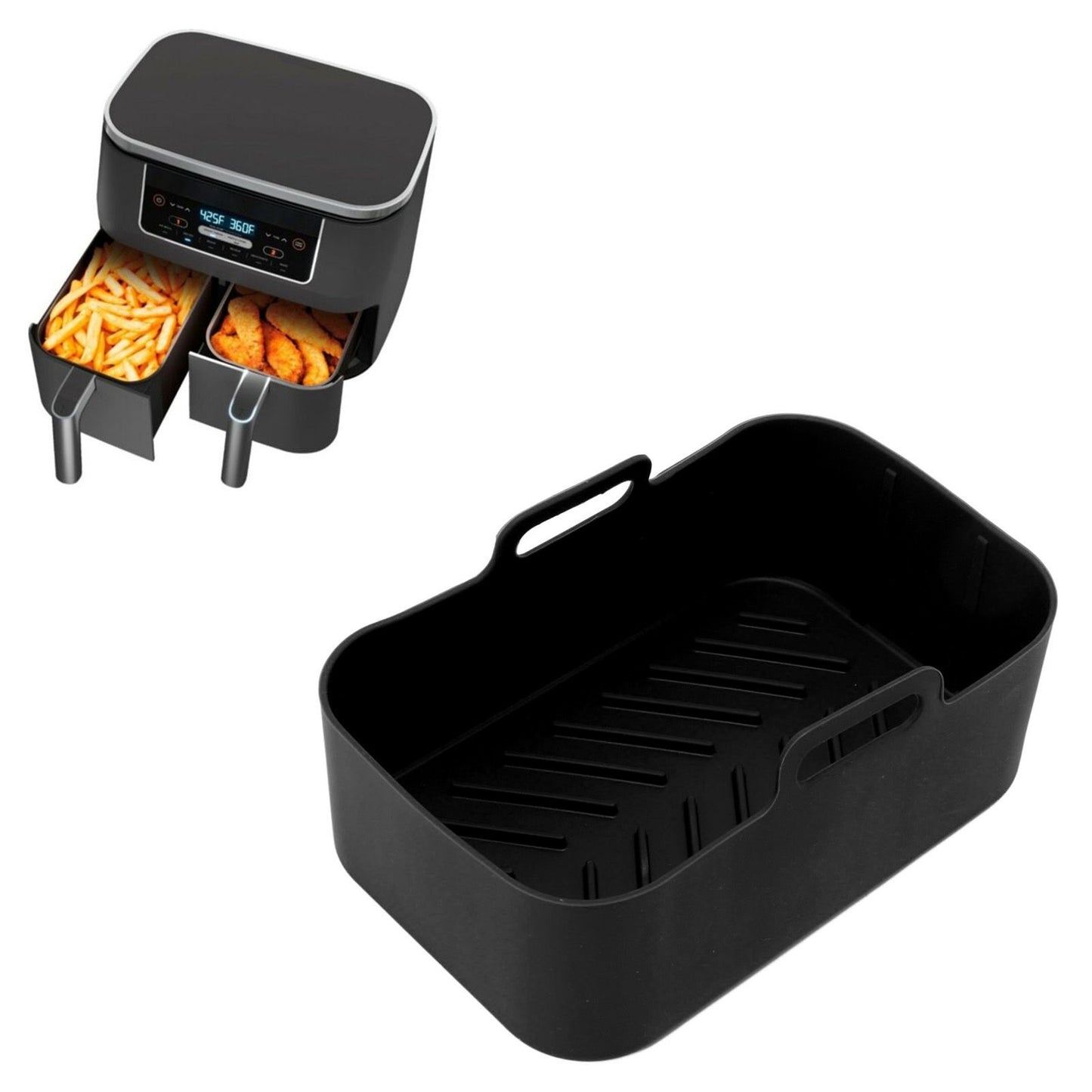 2 Sets Kitchen Fryer Silicone Basket and Mat Reusable Non Stick Rectangular Air Oven Accessories for Ninja DZ201 Foodi 8QT Black