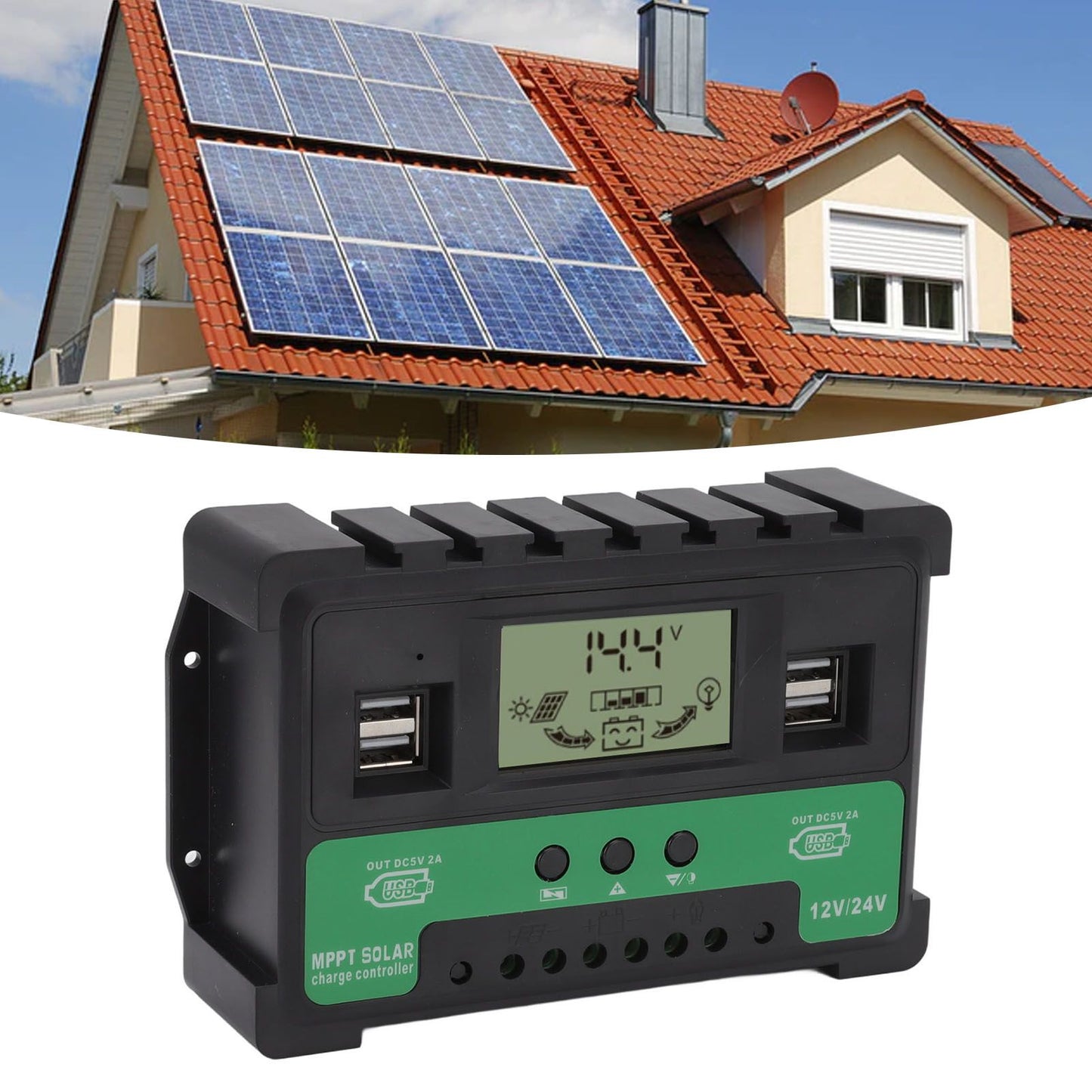 Solar Controller 12V 24V Charge Discharge PV Regulator LCD Display Dual USB Output 30A