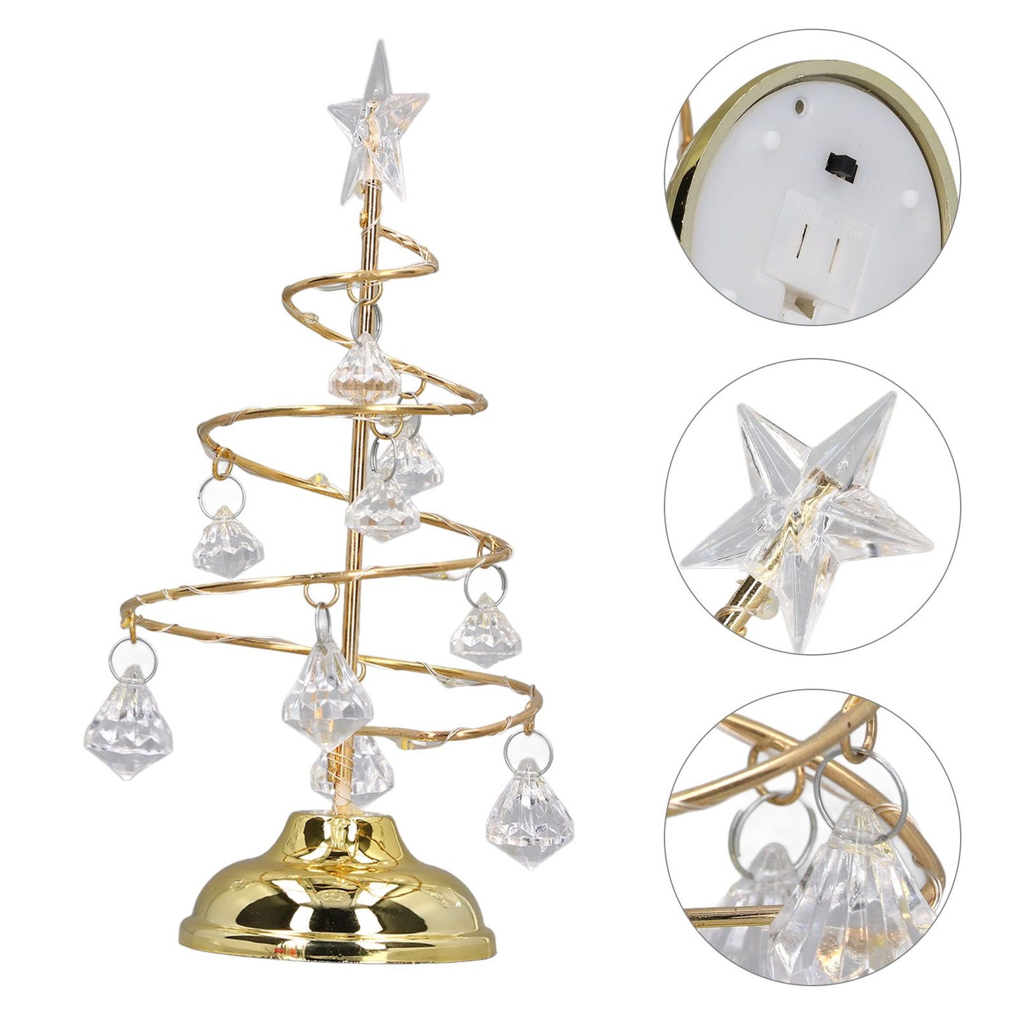 LED Christmas Tree Lamp Small Crystal Decorative Iron Tree Night Light Ornament for Gift Golden Warm Light