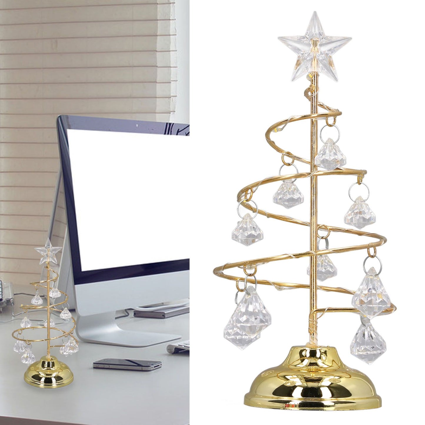 LED Christmas Tree Lamp Small Crystal Decorative Iron Tree Night Light Ornament for Gift Golden Warm Light