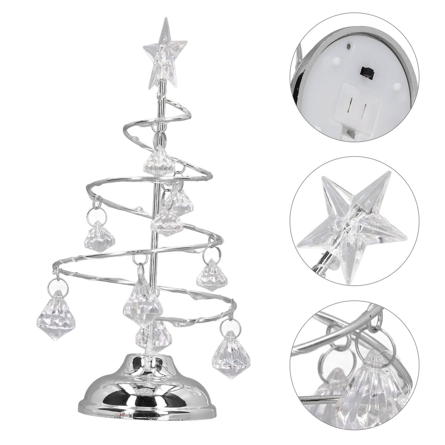 LED Christmas Tree Lamp Small Crystal Decorative Iron Tree Night Light Ornament for Gift Silver White Light