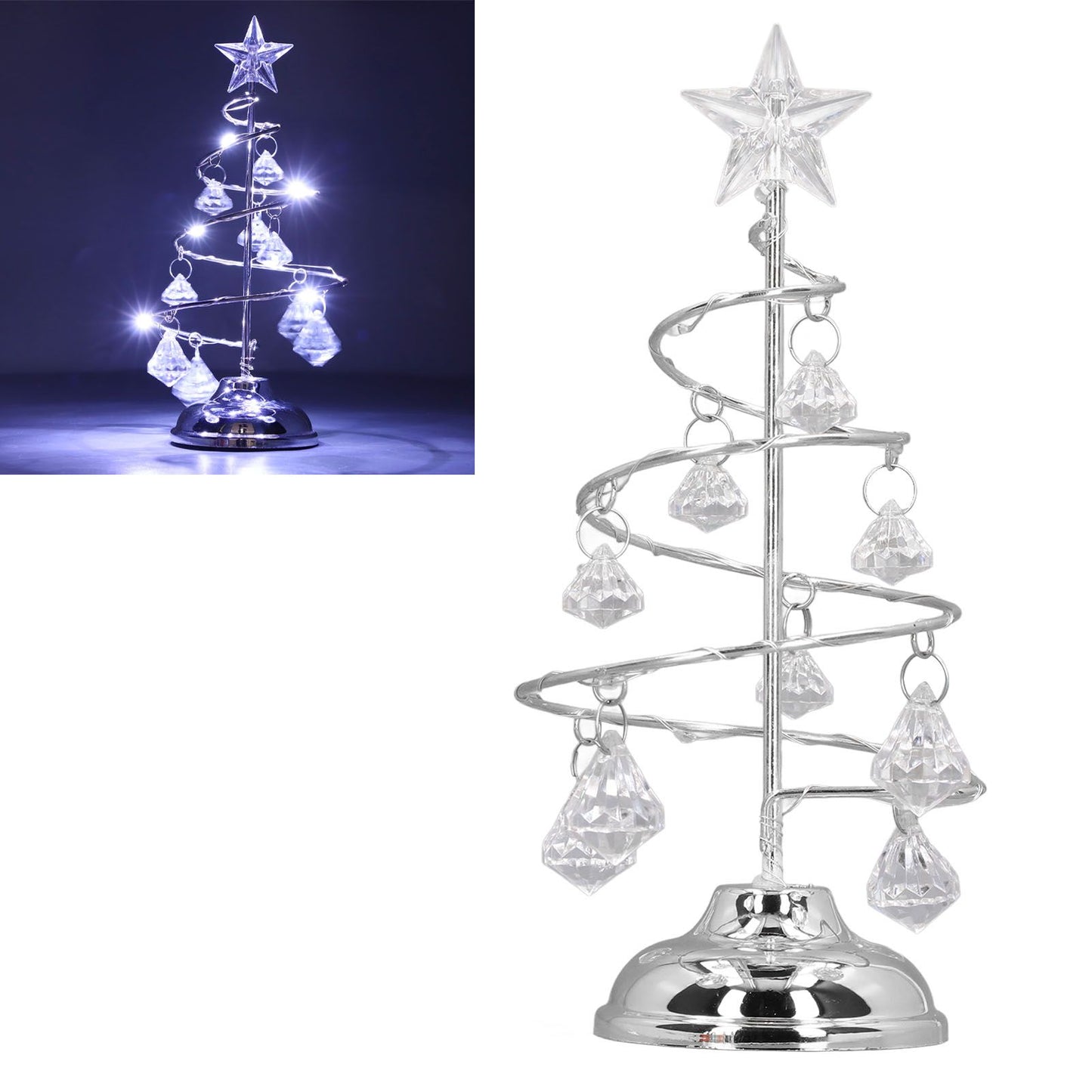 LED Christmas Tree Lamp Small Crystal Decorative Iron Tree Night Light Ornament for Gift Silver White Light