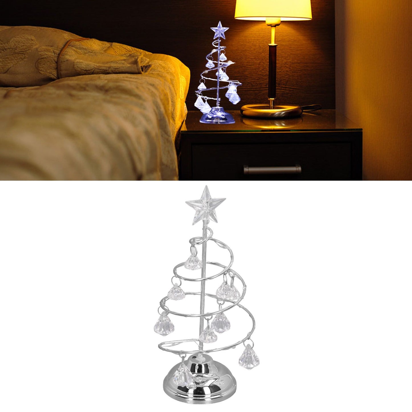 LED Christmas Tree Lamp Small Crystal Decorative Iron Tree Night Light Ornament for Gift Silver White Light