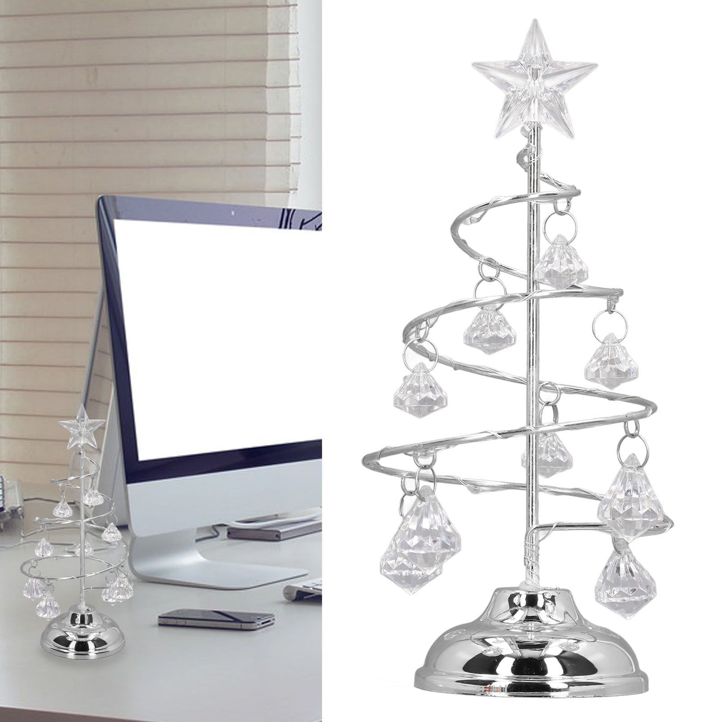 LED Christmas Tree Lamp Small Crystal Decorative Iron Tree Night Light Ornament for Gift Silver White Light