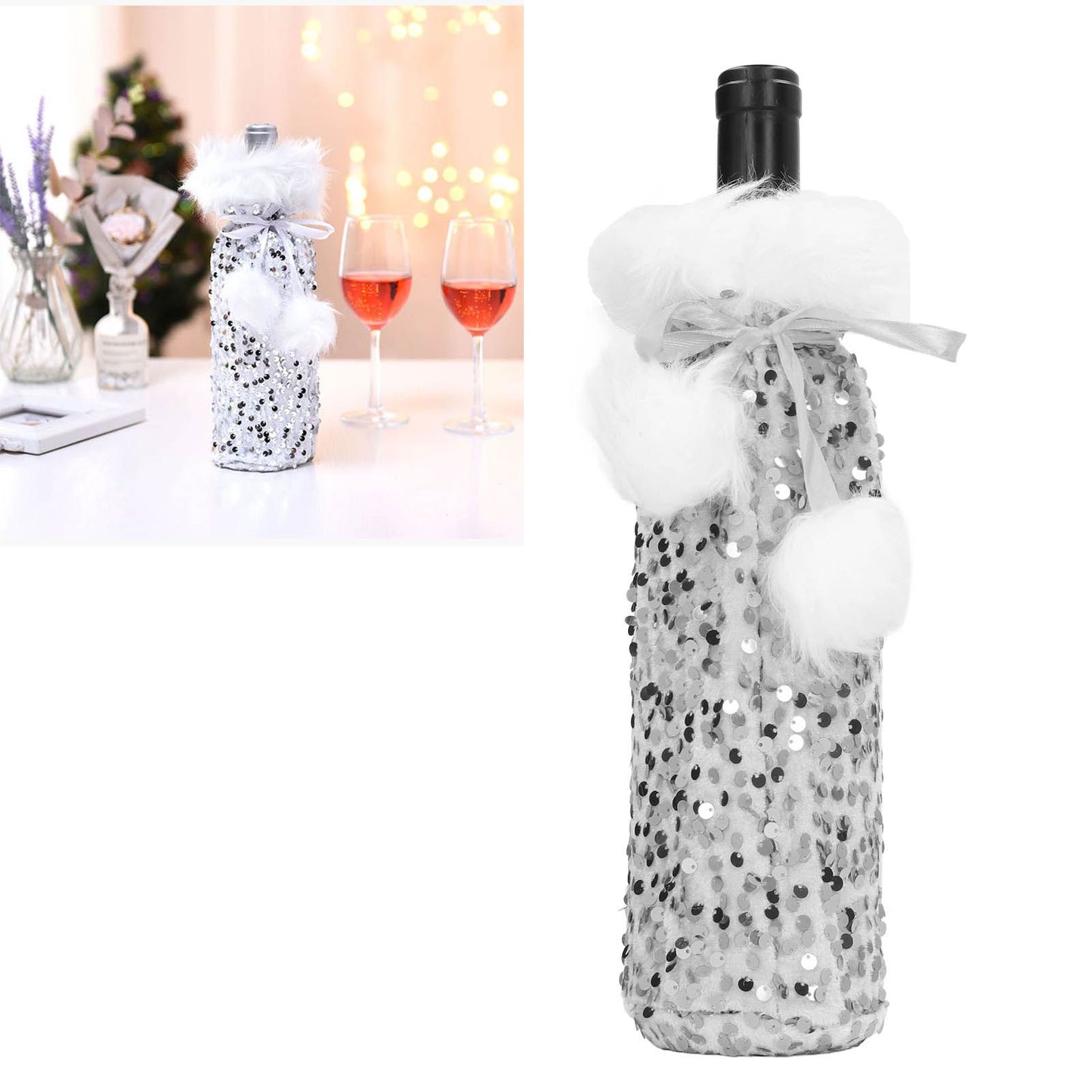 Christmas Wine Bottle Cover Beautiful Shiny Sequin Cloth Decorative Bottle Sleeve Cover for Christmas Parties Silver