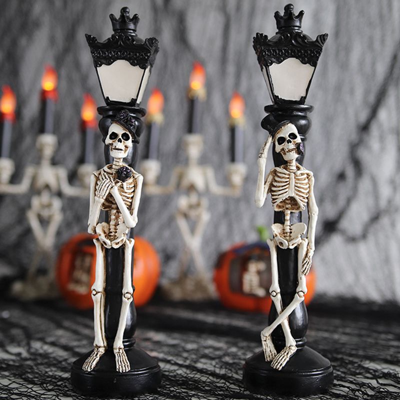 Halloween Skeleton Lamp Resin Decorative Glowing Halloween Ornaments Lamp for Festival Party 1 Pair Skeleton Street Lamps