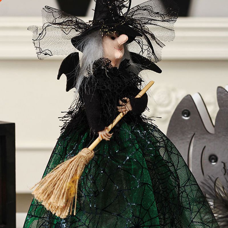 Halloween Decoration Witch Doll Dressed in Gauzy Skirt with Besom Desktop Decor Ornaments for Party Props Green
