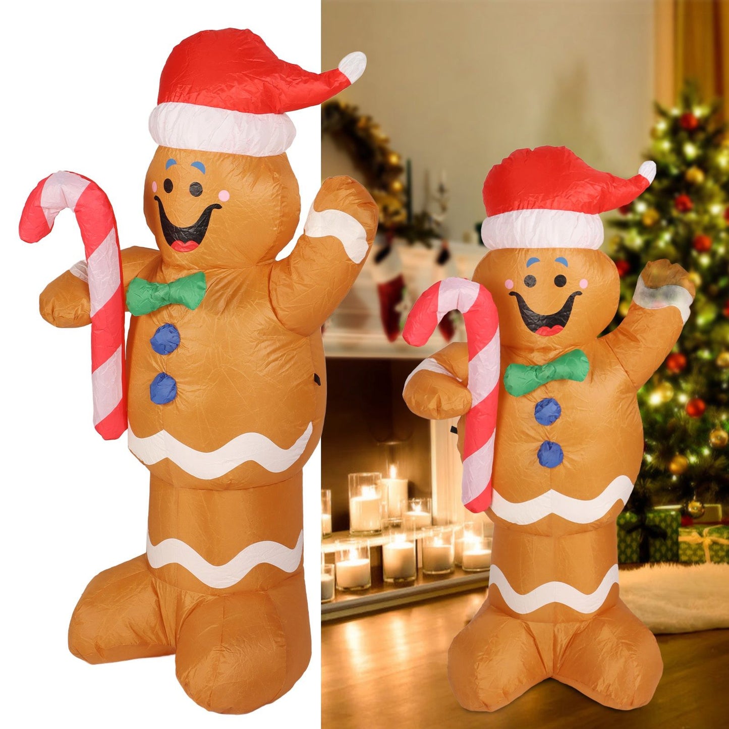 1.5m Height Christmas Inflatables Gingerbread Man with Candy Canes Blow Up Yard Decoration Snowman with LED Lights AU Plug 100‑240V