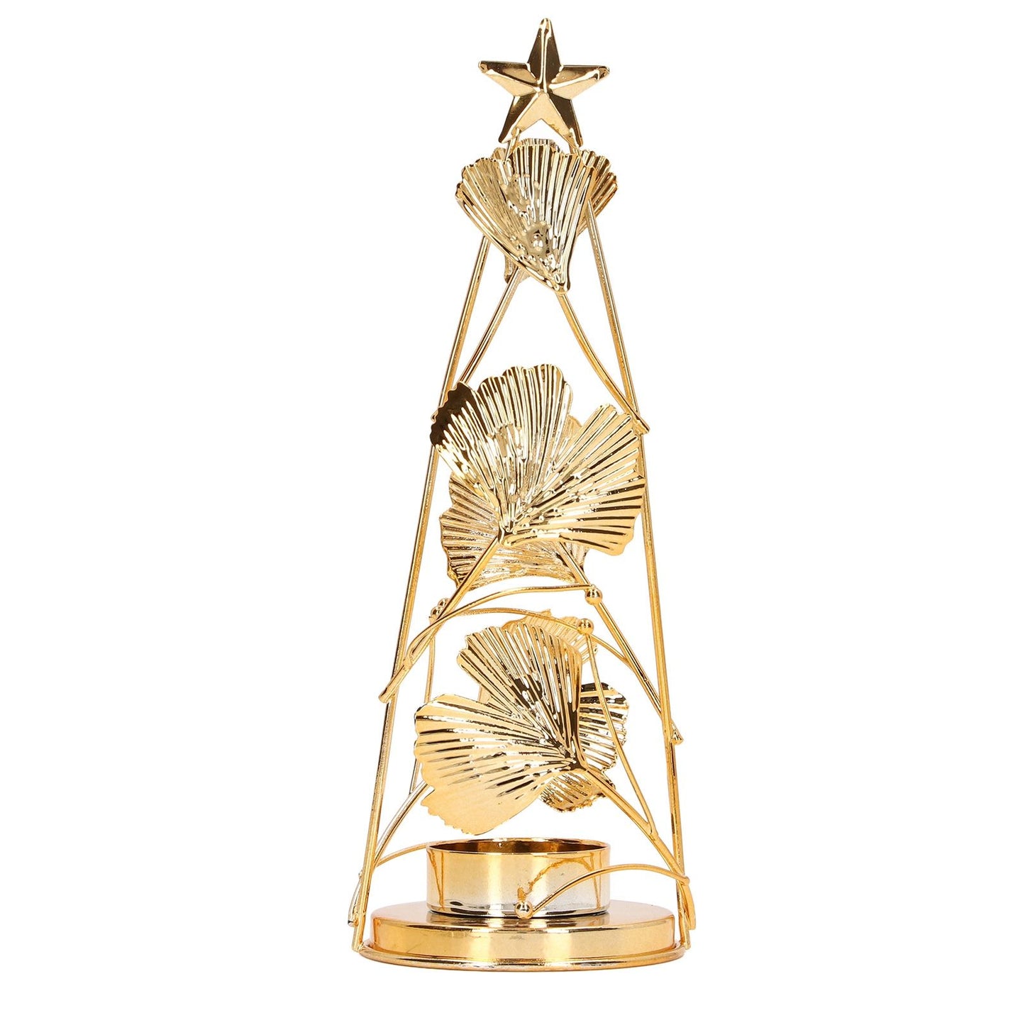 Christmas Tree Candlesticks Gold Iron Small Round Cup Xmas Light Candle Holders with Apricot Leaves for Table Decoration