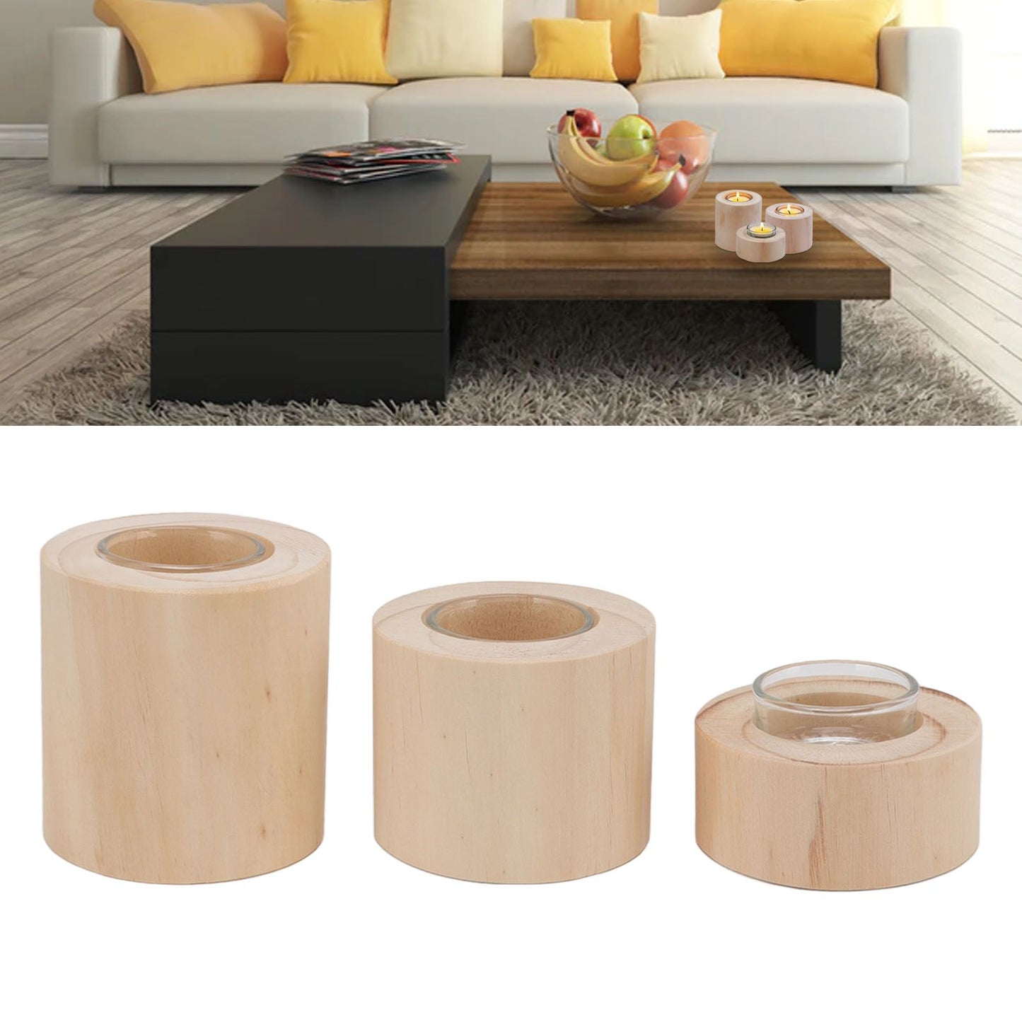 3Pcs Wooden Candle Cup Holders Low Medium High Simple Wooden Candlestick for Living Room Office Study Bedroom