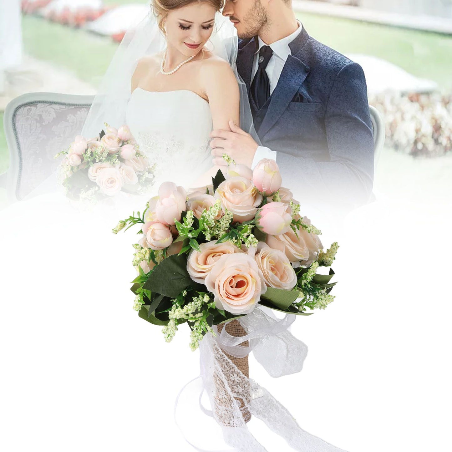 Holding Flowers Artificial Lifelike Modern Elegant Decorative Bridal Bouquet for Wedding Photography Champagne