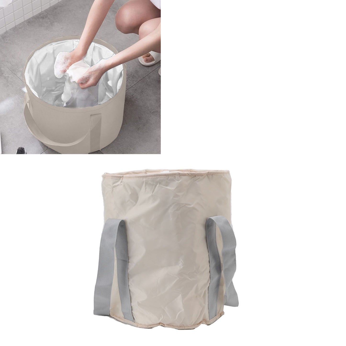 Foldable Foot Tub Polyester Double Layer Collapsible Camping Bucket with Storage Bag for Outdoor Beige
