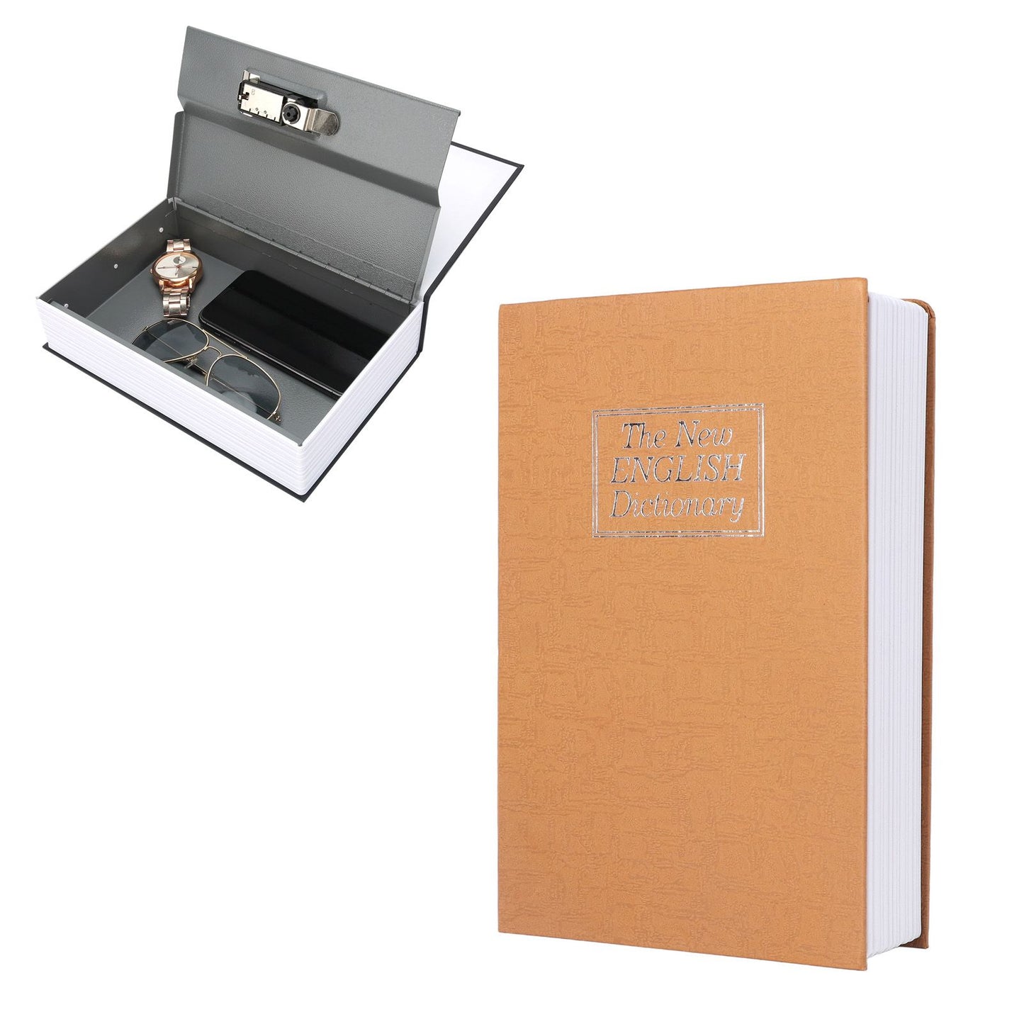Book Safe Case Simulation Portable Safe Storage Box with Combination Lock for Bank Cards Jewelry Money Brown
