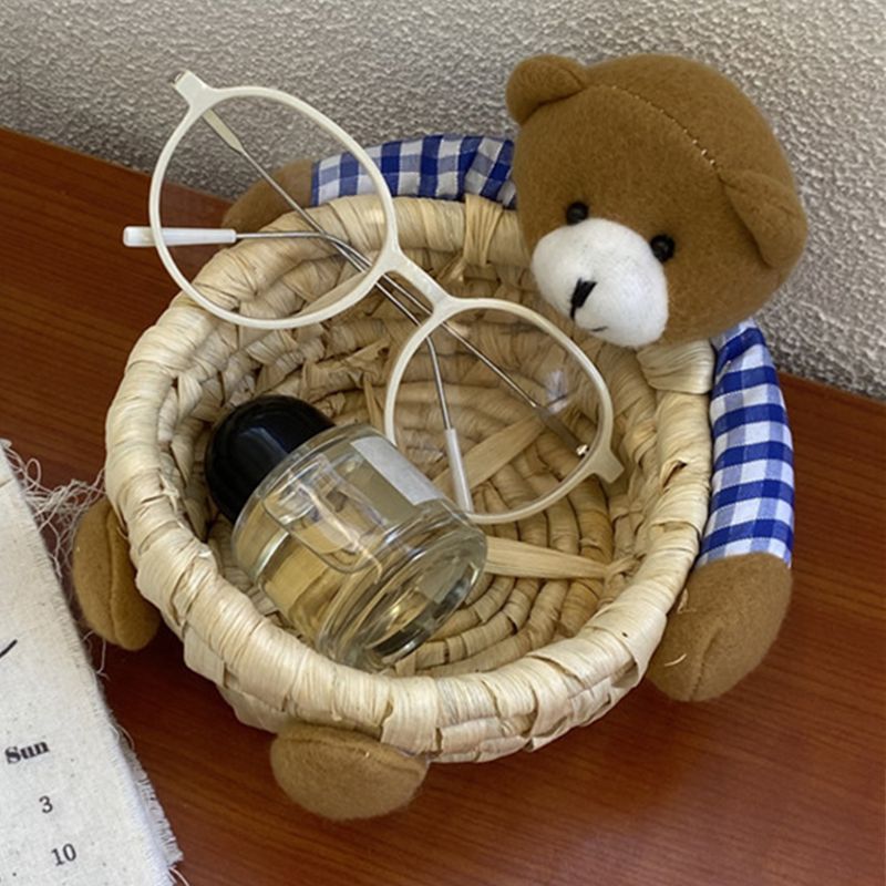 Cute Cartoon Bear Storage Basket Straw Storage Basket for Desktop Office Bedroom M