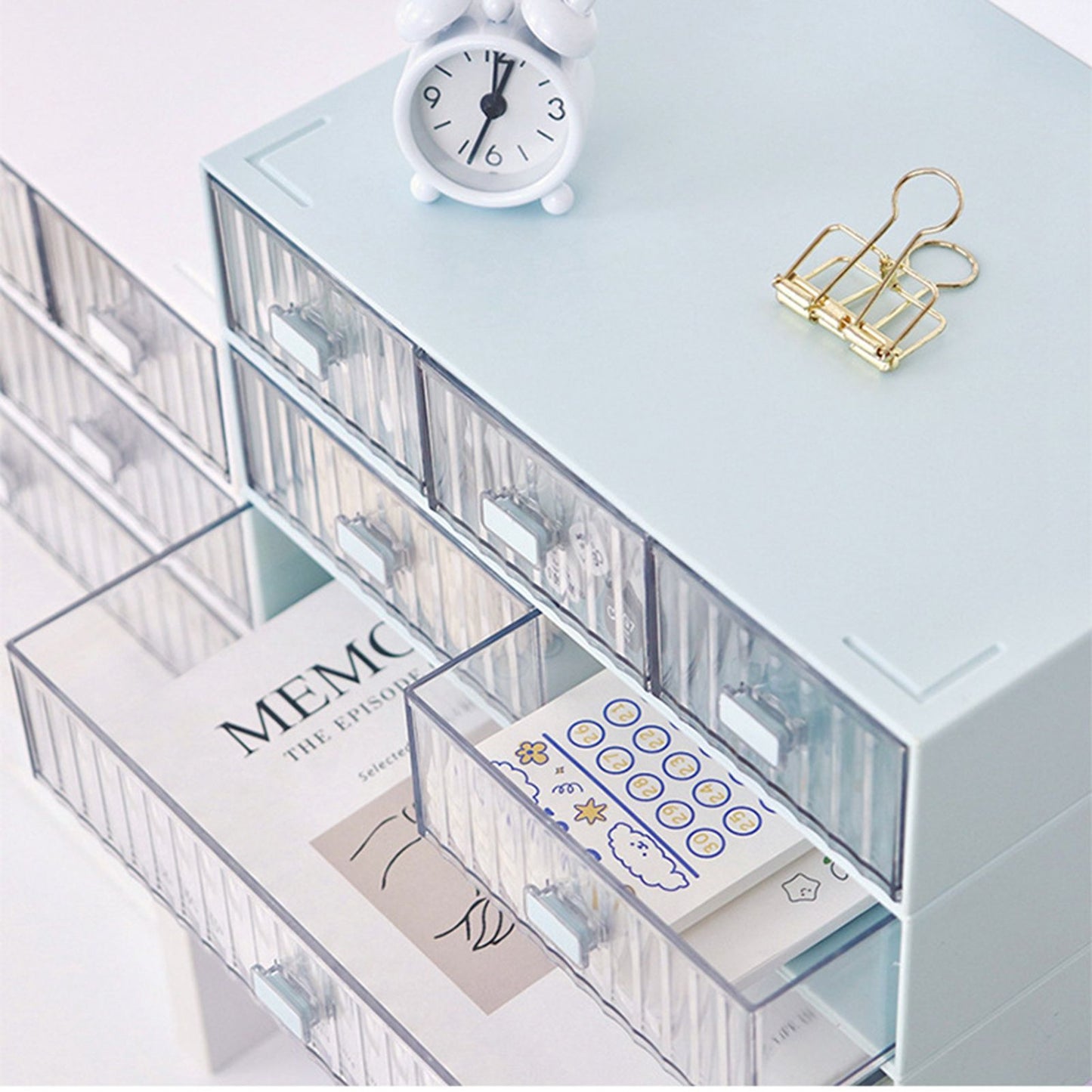 Desktop Drawer Organizer Waterproof Dustproof Plastic DIY Combination Multi Layer Stackable Drawer Storage Case Striped Blue 2 Drawers