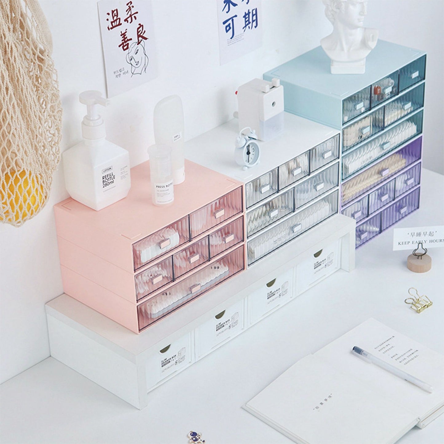Desktop Drawer Organizer Waterproof Dustproof Plastic DIY Combination Multi Layer Stackable Drawer Storage Case Striped Blue 2 Drawers