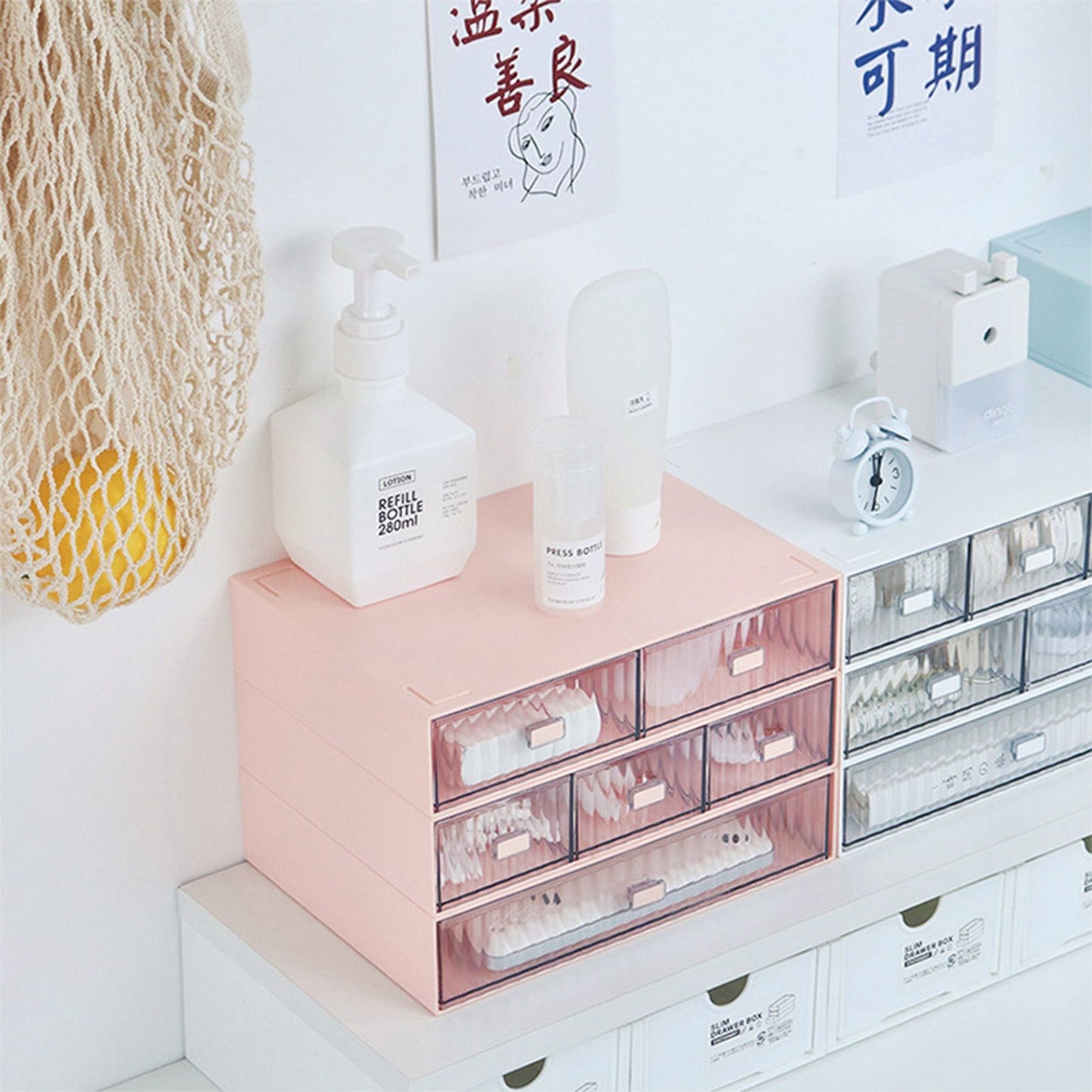Desktop Drawer Organizer Waterproof Dustproof Plastic DIY Combination Multi Layer Stackable Drawer Storage Case Striped Pink 1 Drawer