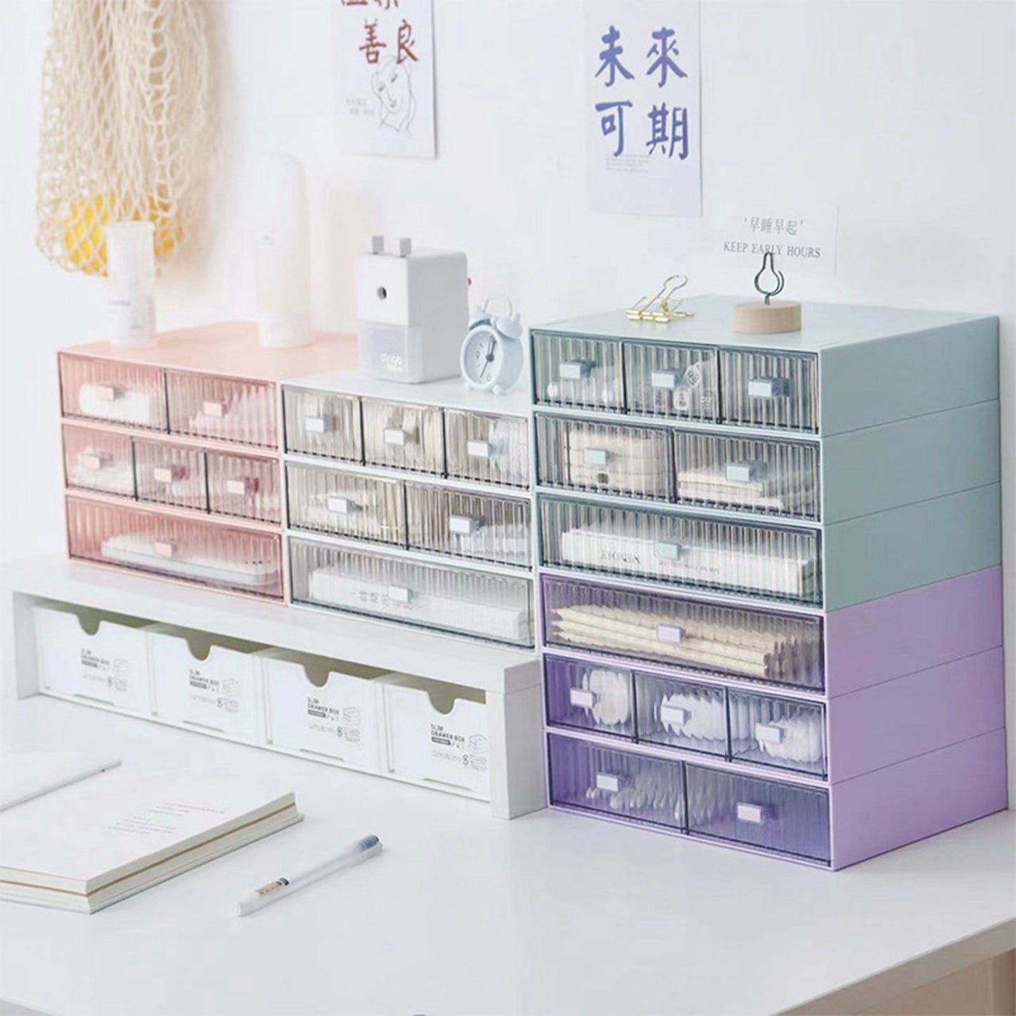 Desktop Drawer Organizer Waterproof Dustproof Plastic DIY Combination Multi Layer Stackable Drawer Storage Case Striped Pink 1 Drawer
