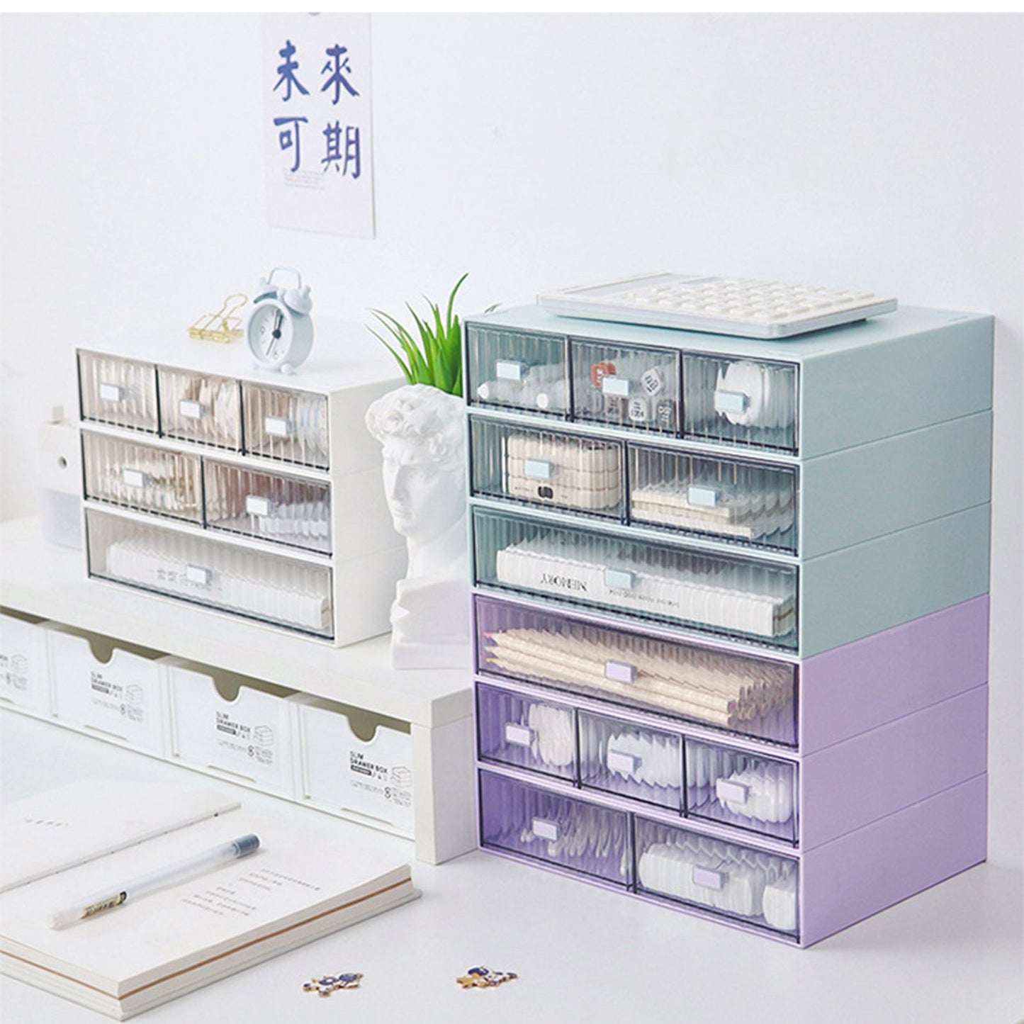 Desktop Drawer Organizer Waterproof Dustproof Plastic DIY Combination Multi Layer Stackable Drawer Storage Case Striped Pink 3 Drawers