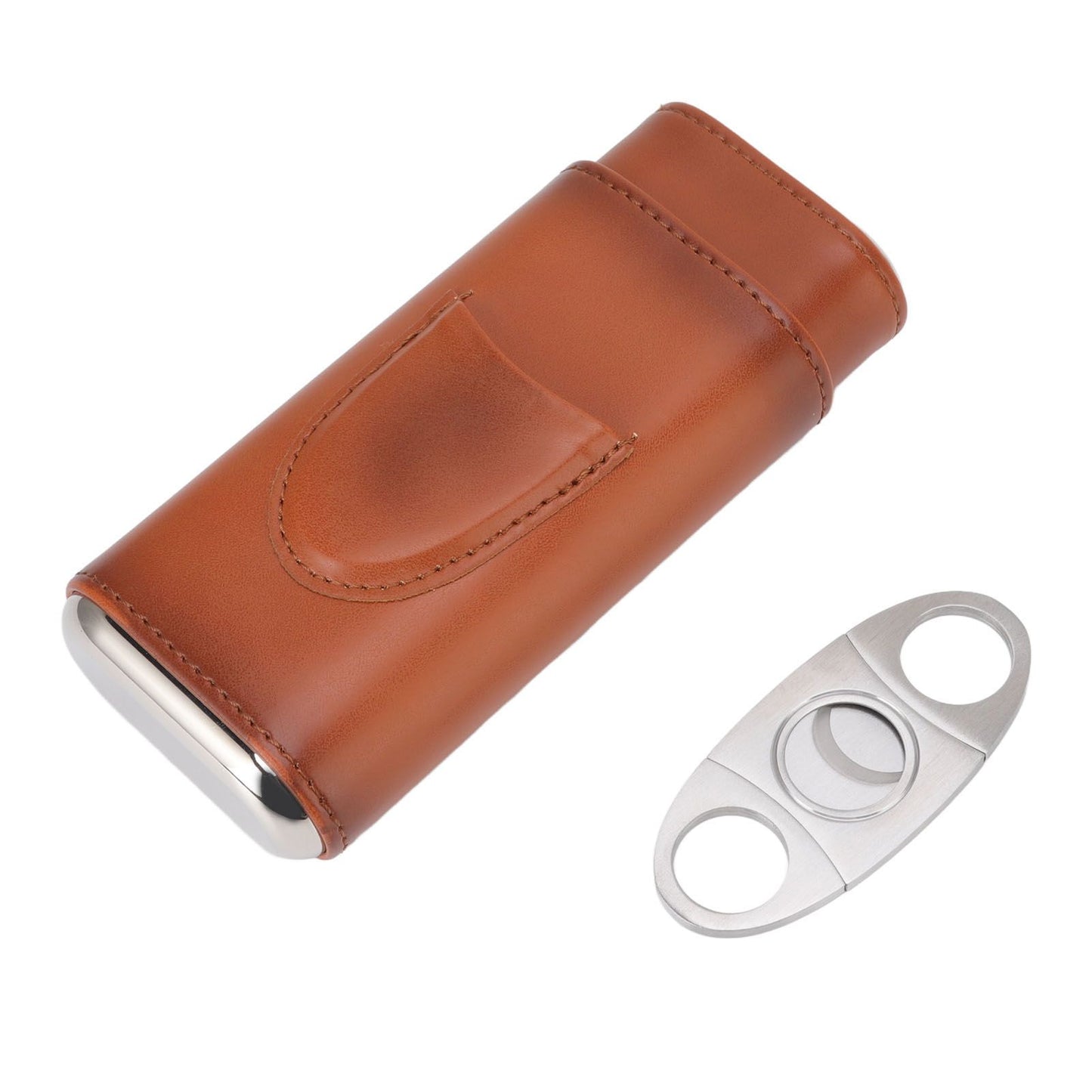 3 Finger Cigar Case Iron Cover Portable Soft Glossy Leather Cigar Holder Case with Cutter for Travel Brown