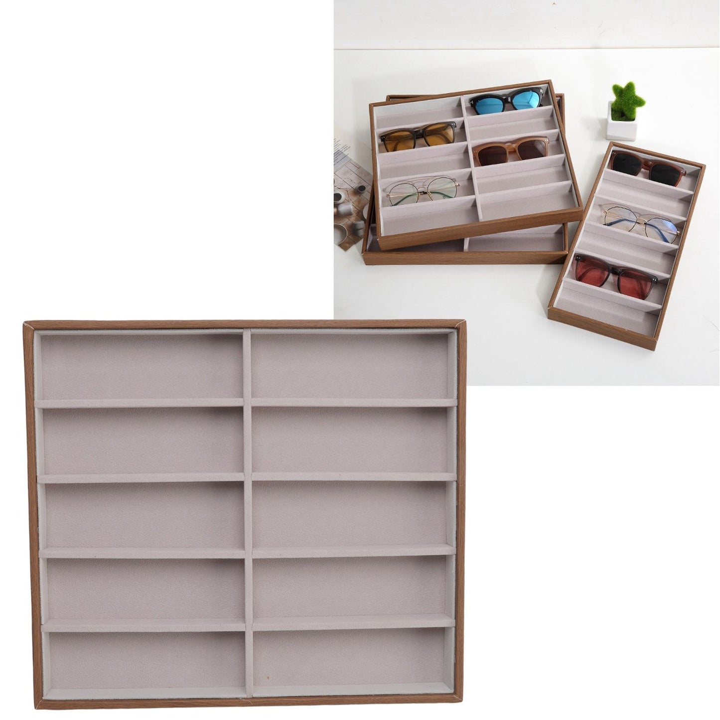 Sunglasses Display Tray PU Wood Grain Sunglasses Storage Case for Home Glasses Store 10 Grids
