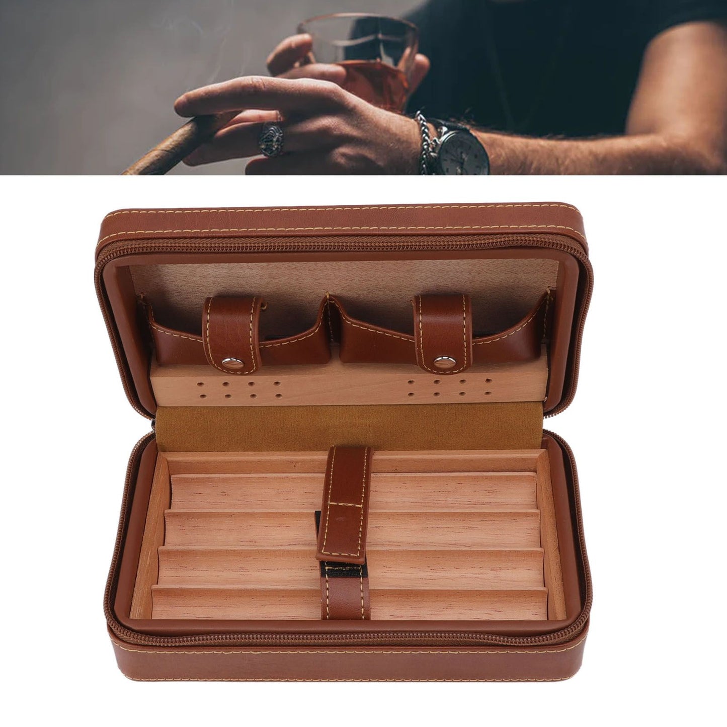 Cigar Humidor Case Brown Portable Cedarwood Lining Humidifier Travel Cigar Box With Storage Bag for Travel