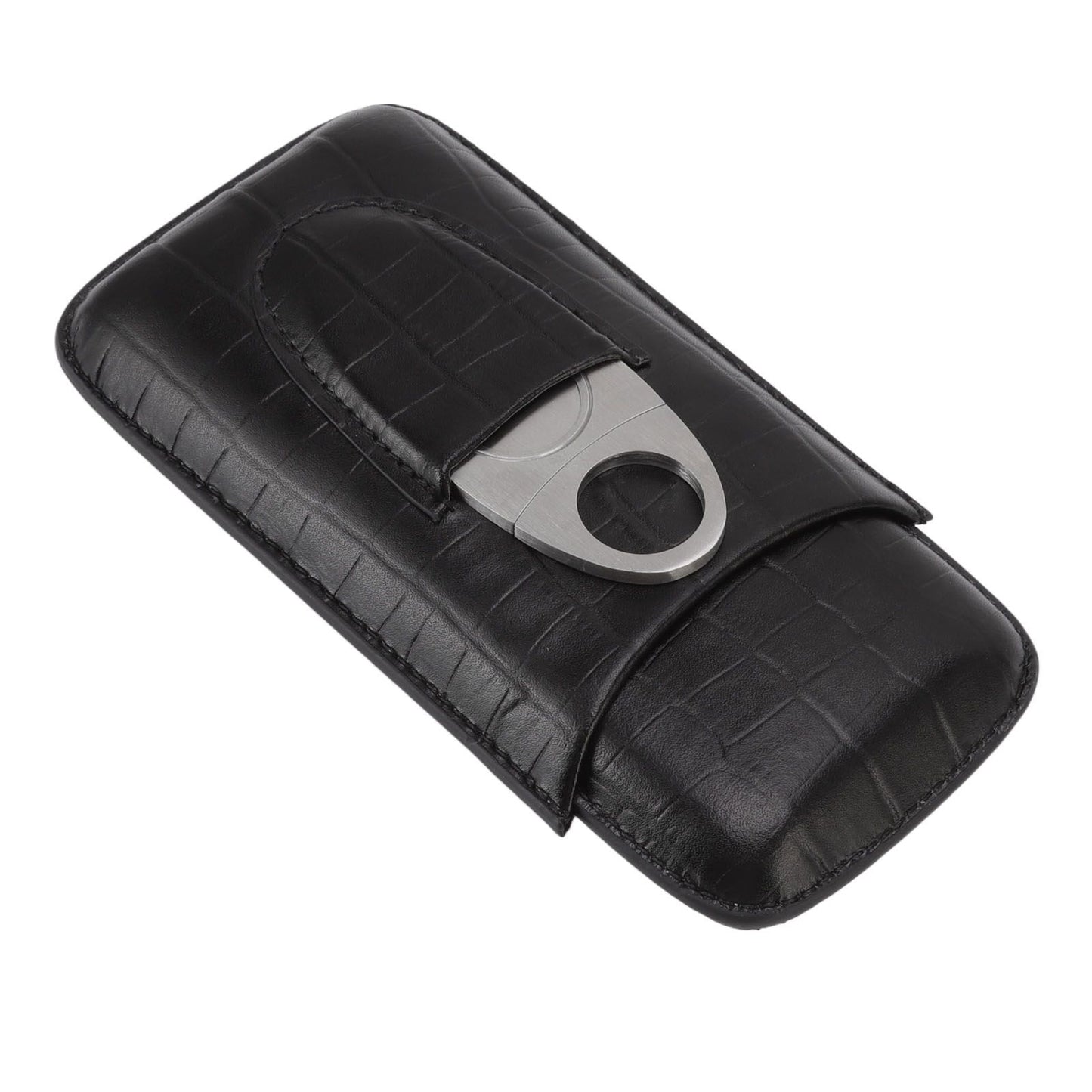 Cigar Leather Case Travel Portable 3pcs Cigar Holder Cigar Humidor with Cutter Set Black with Bamboo Joint Pattern
