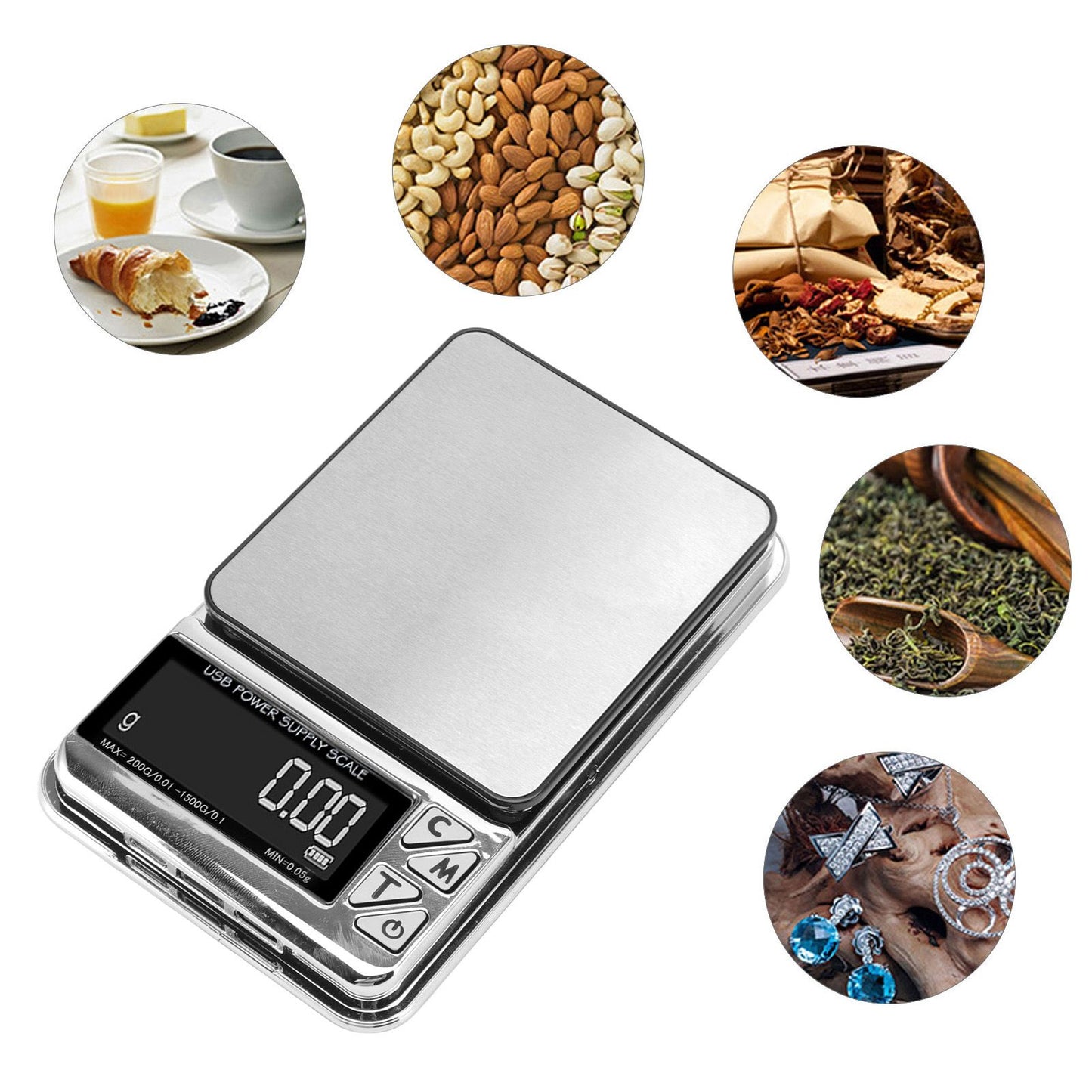 Home Digital Kitchen Scale 200g/0.01g‑1500g/0.1 High Accuracy USB Rechargeable Stainless Steel Jewelry Scale for Food