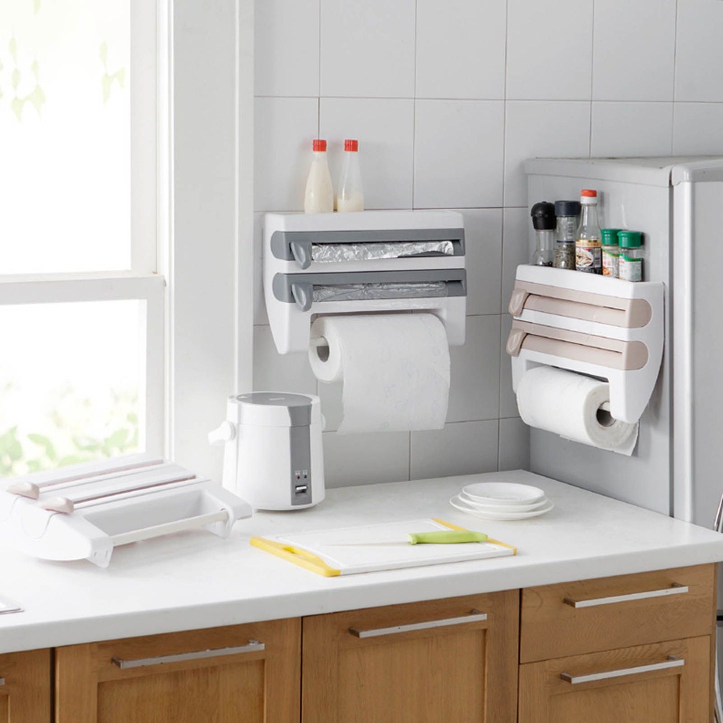 Cling Film Holder Wall Mount Multifunctional Cling Film Cutter with Screws for Kitchen Khaki